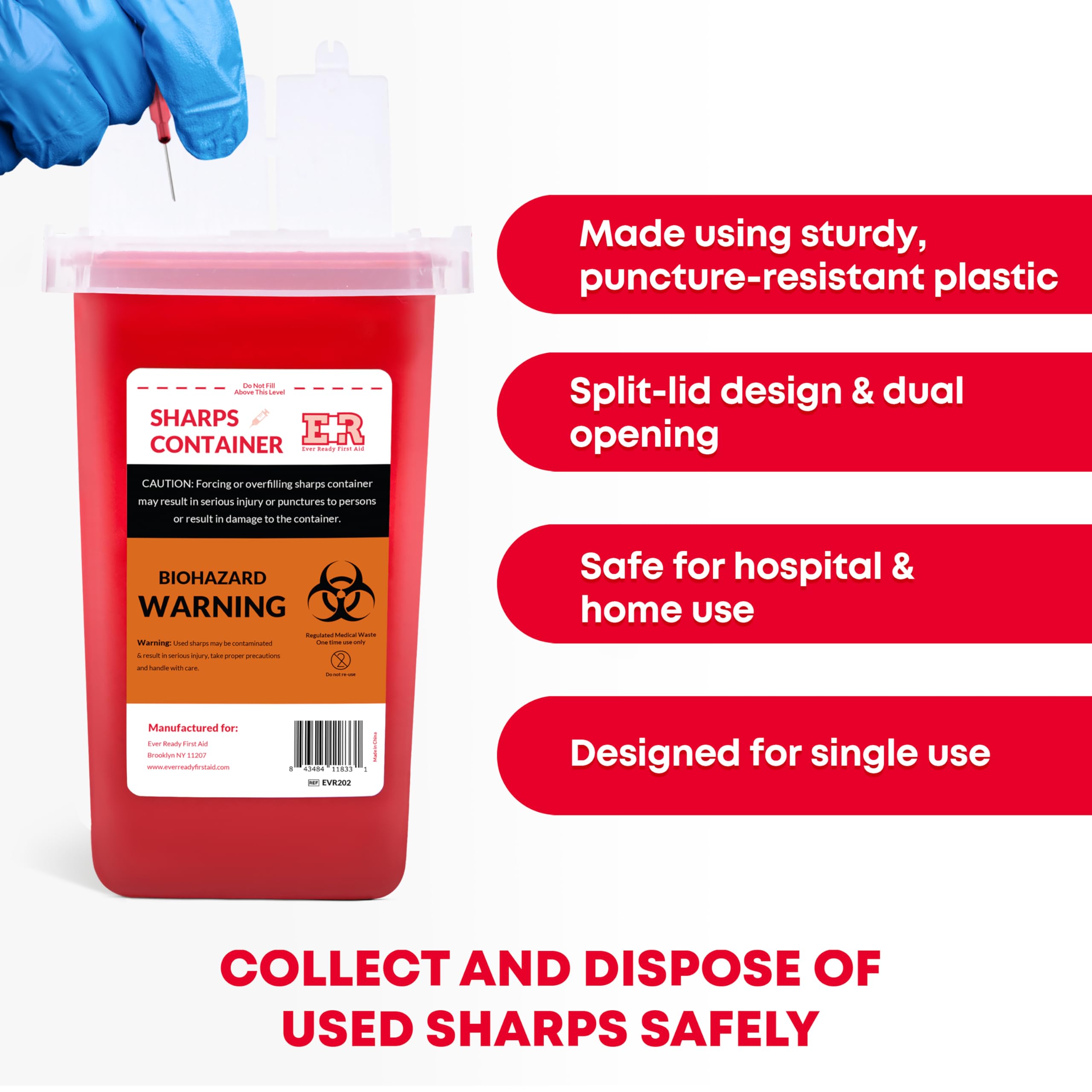 Ever Ready 1 Quart Sharps Container with Split Lid & Locking Mechanism - Safe Needle Disposal for Home, Clinic & Travel | FDA Compliant Medical Waste Bin