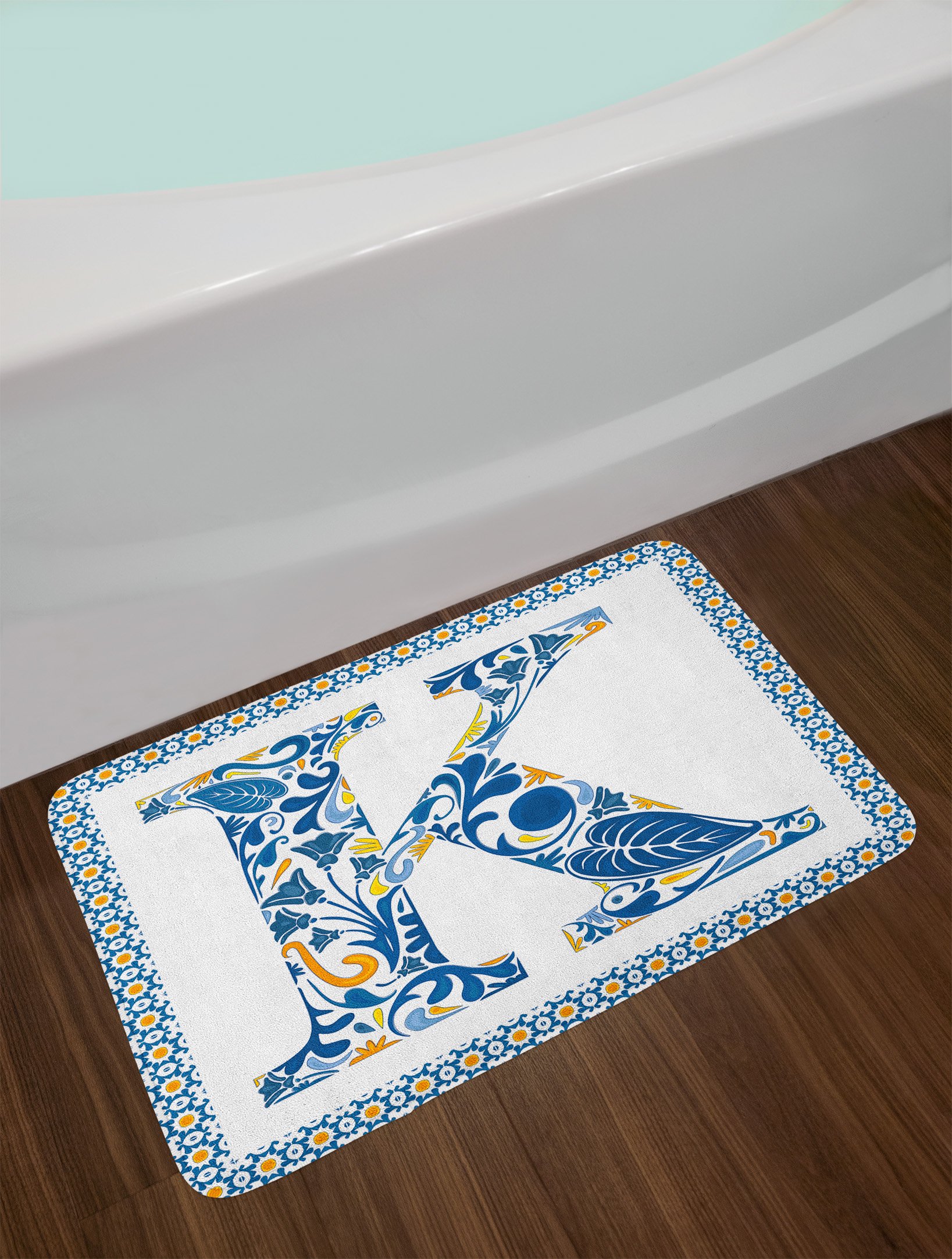 Ambesonne Letter K Bath Mat - Non-Slip Plush Bathroom Rug with Abstract Leaves & Blooms Design, 30.2