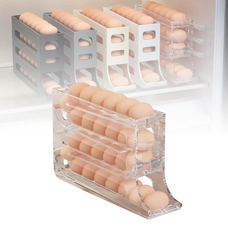 4-Tier Automatic Scrolling Egg Holder for Refrigerator - Large Capacity Space-Saving Egg Dispenser Organizer (30 Eggs) - Transparent Kitchen Storage for Fresh Eggs - Perfect for Breakfast Meal Prep & Baking Needs