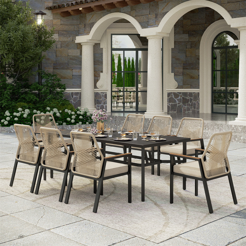 PHI VILLA 9-Piece Outdoor Patio Dining Set with Handwoven Rattan Chairs - Perfect for Backyard BBQs, Garden Parties & Poolside Entertaining