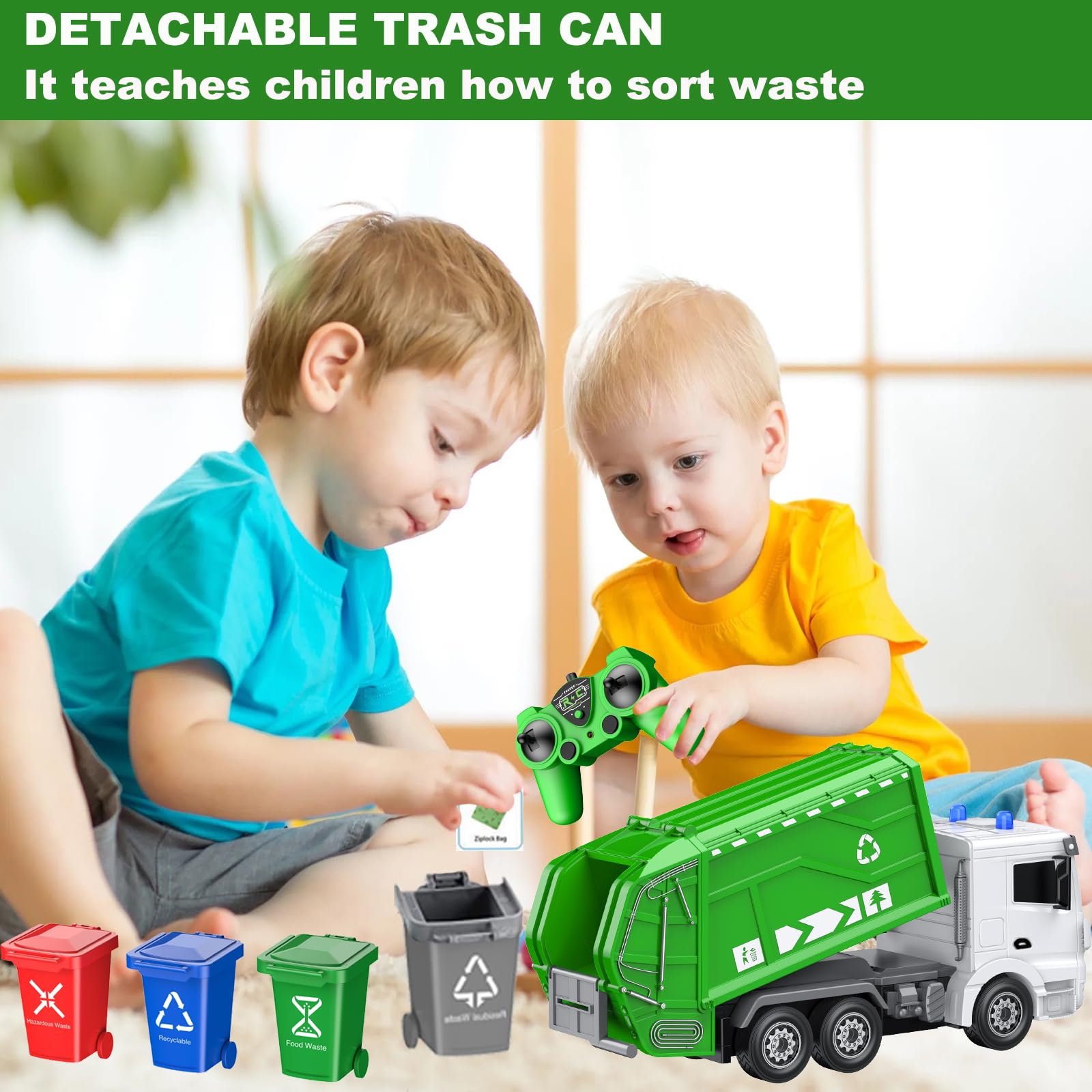 2.4GHz Remote Control Garbage Truck Toy with 4 Trash Cans & 6-Channel RC - Includes 100pcs Waste Sorting Cards - Educational Recycling Vehicle for Kids Ages 3+ - Perfect for Pretend Play, Waste Management Learning & STEM Education