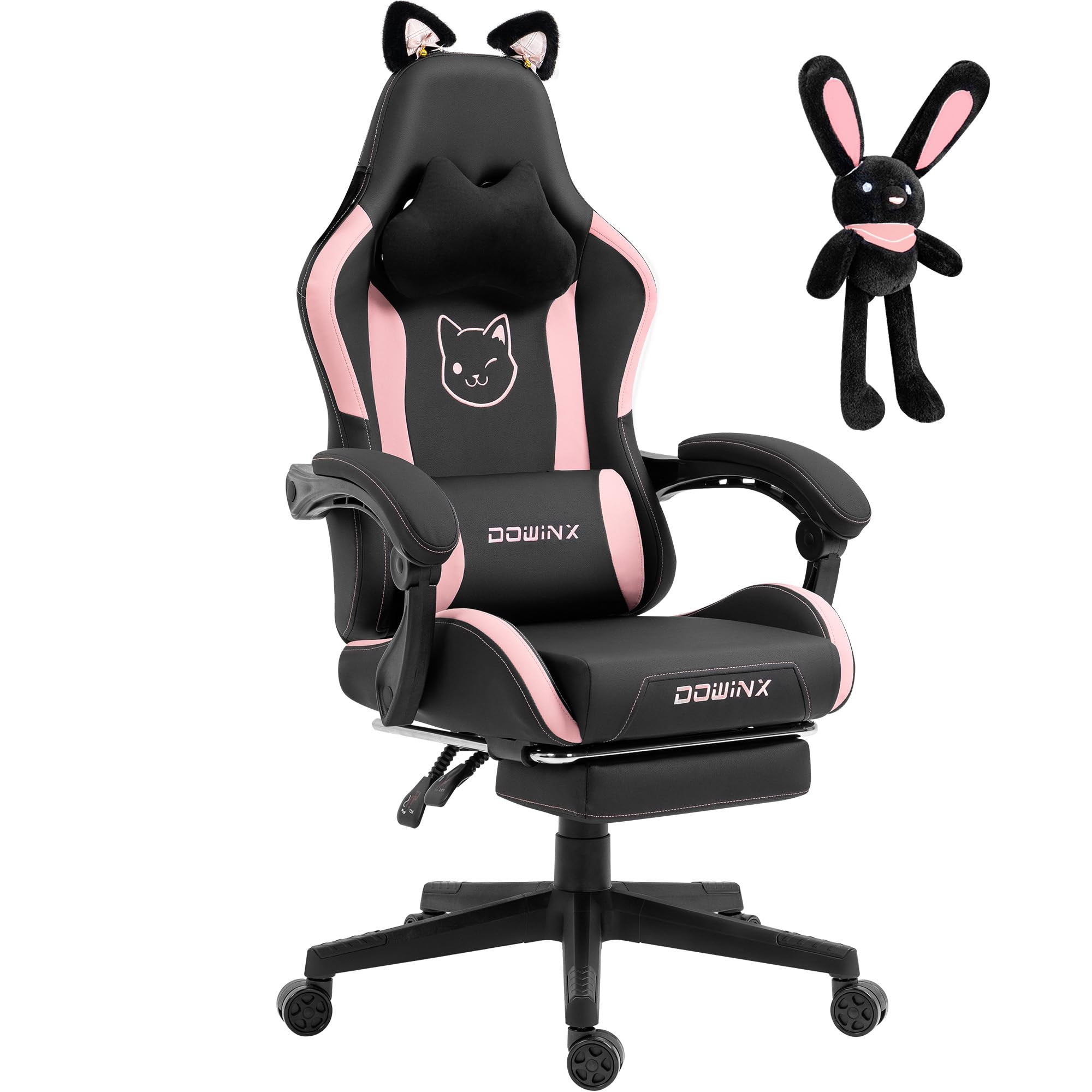 Dowinx Sweet Cat Edition Ergonomic Gaming Chair - High Back PU Leather Computer Chair with Lumbar Support & Footrest, Black - Perfect for Gaming, Office Work & Home Comfort