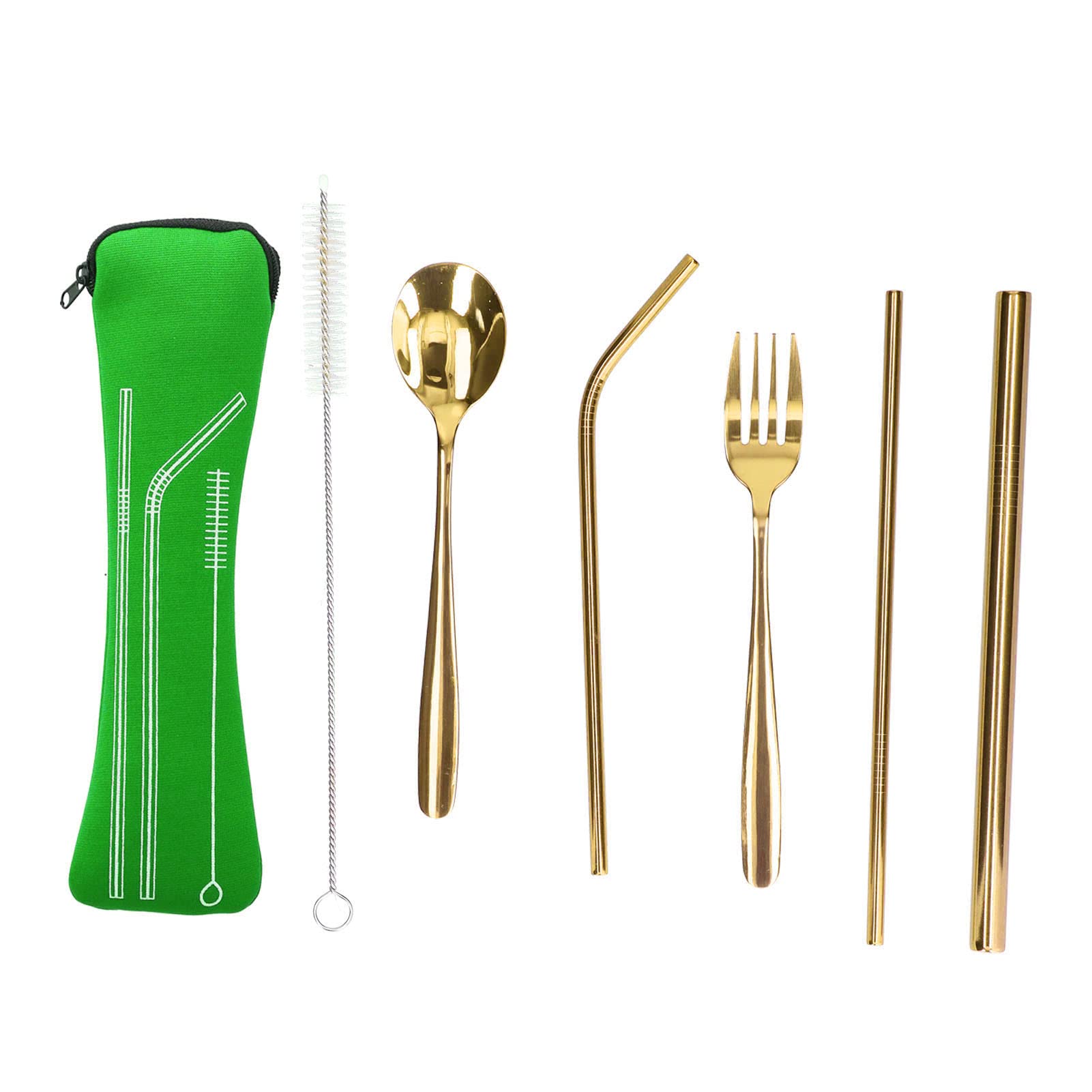 7-Piece Stainless Steel Camping Utensil Set - Portable Travel Cutlery with Straw (Gold) | Compact Flatware for Outdoor Adventures, Picnics, Hiking & Backpacking