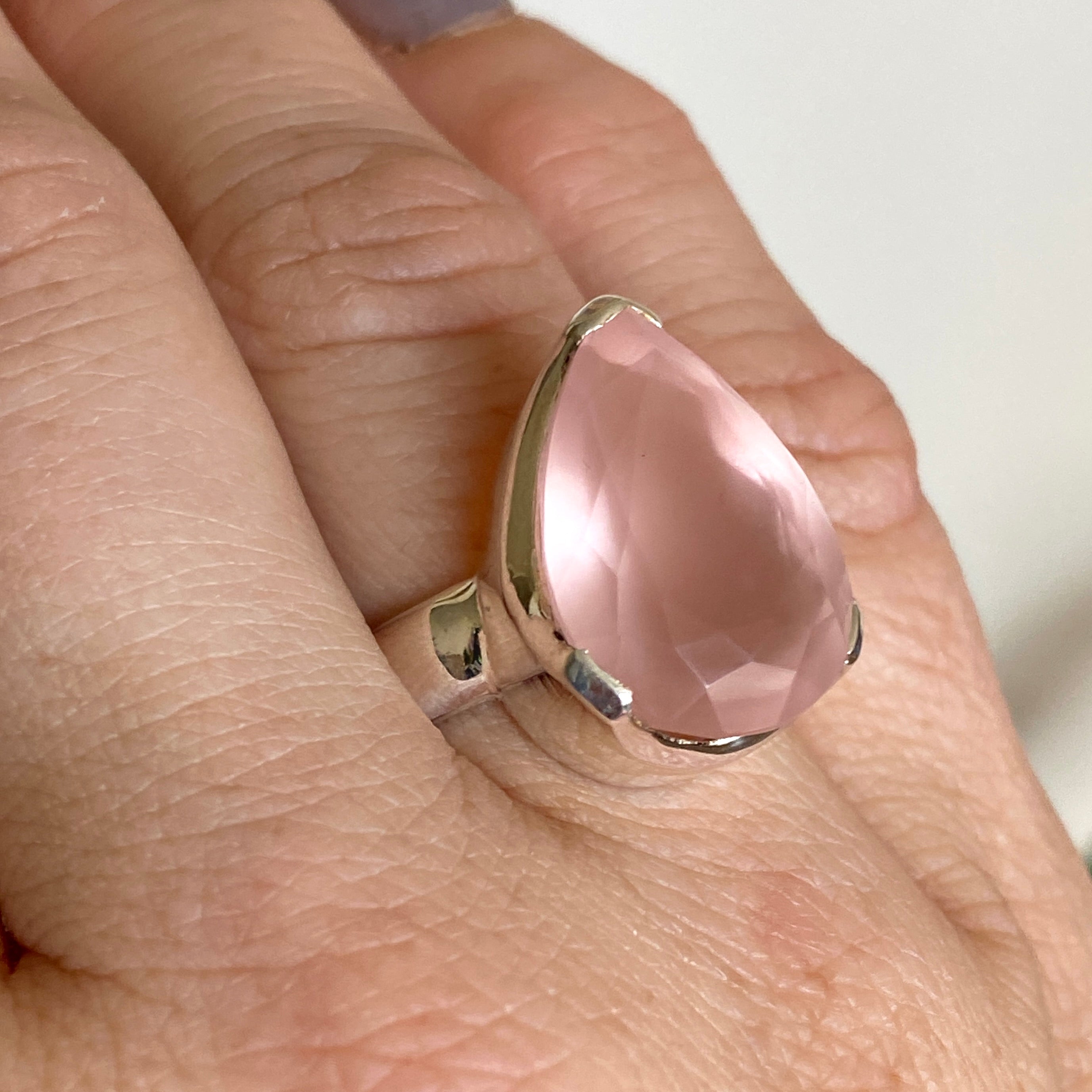 Rose Quartz Teardrop Faceted Ring - Size 7 - KRGJ3322 - Elegant Jewelry for Women, Wedding Gift, Spiritual Healing & Everyday Wear