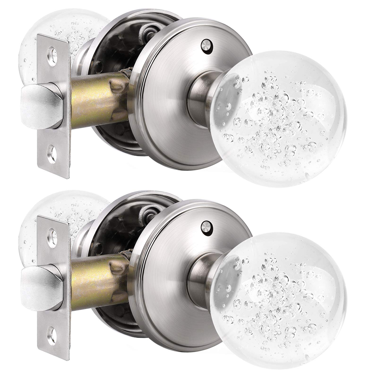 2 Pack Crystal Privacy Door Knobs - Glass Door Lock with Bubbles Satin Nickel Finish, Keyless Round Interior Door Knobs for Bedroom, Bathroom, Closet & Office (Easy Installation, Modern Home Decor)