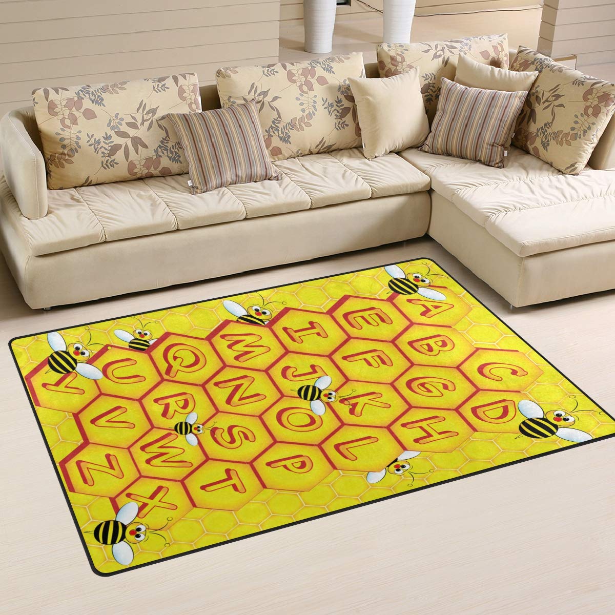Honeycomb Bee Alphabet Door Mat 3'x5' for Girls Room & Home Decor