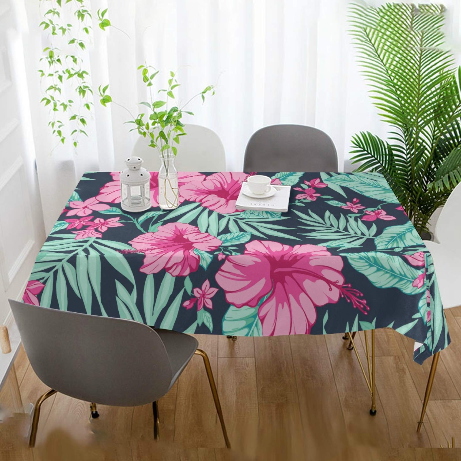 Classical Tropical Hibiscus & Palm Leaf Square Tablecloth - 54 Inch Polyester Table Cover for Party, Dinner & Home Decor - Perfect for Weddings, Events & Tropical Themed Celebrations