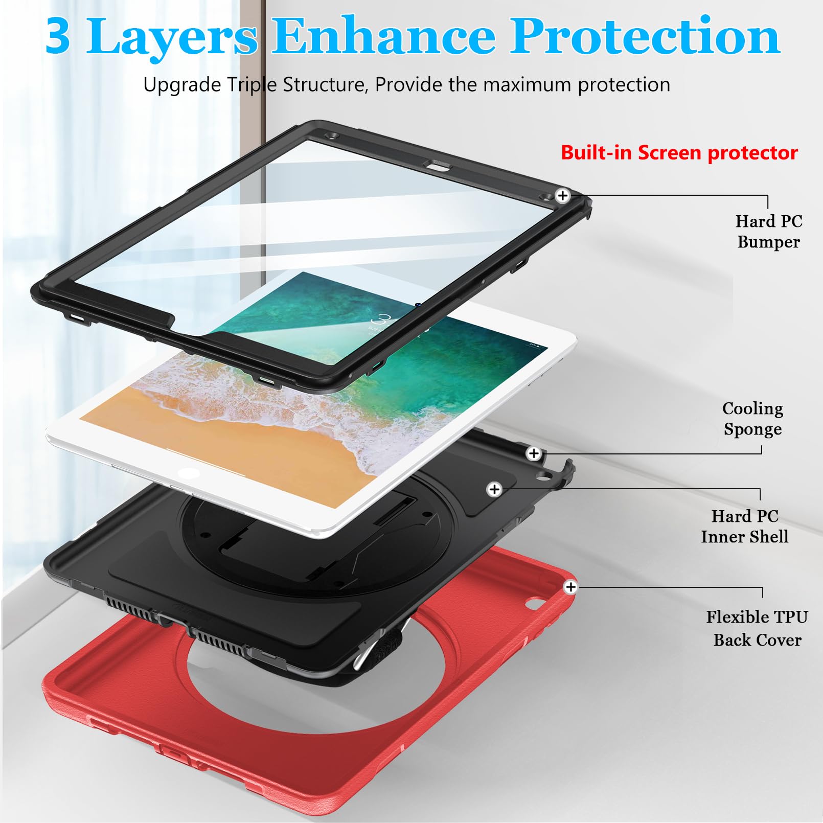 Premium Shockproof Case for iPad 6th/5th Gen & iPad Air 2 (9.7 Inch 2018/2017 Models) - Heavy Duty TPU Cover with Built-in Screen Protector, Stand, Handle, Shoulder Strap & Apple Pencil Holder (Red) - Perfect for Work, School, Travel & Outdoor Activities