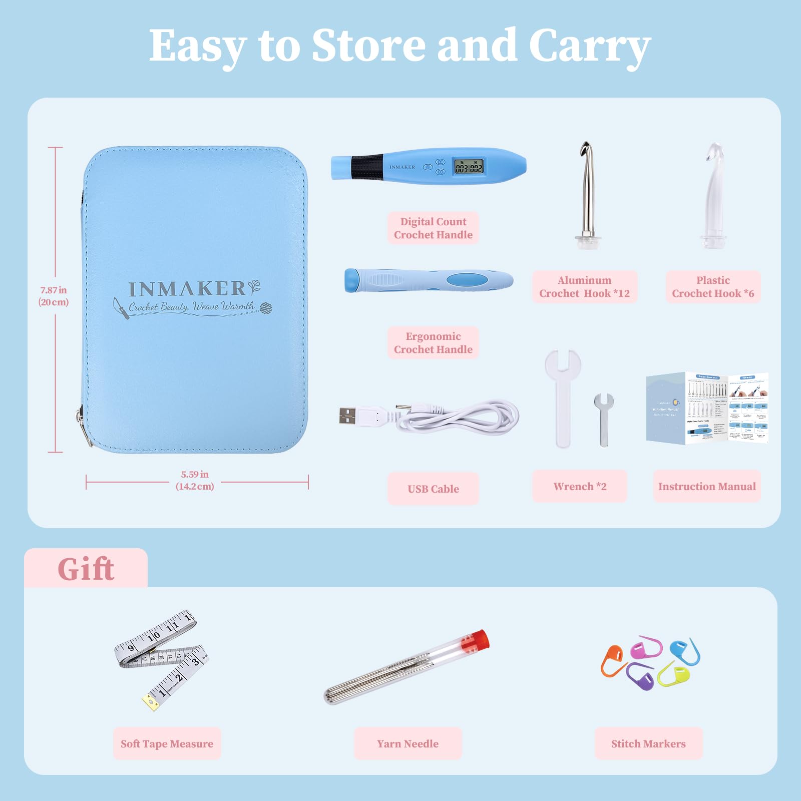 INMAKER Lighted Crochet Hooks Set - Ergonomic Soft Grip with Digital Counting & Storage Case - Glow in the Dark Crochet Needles for Night Knitting & Crafting (Non-Automatic Counting)