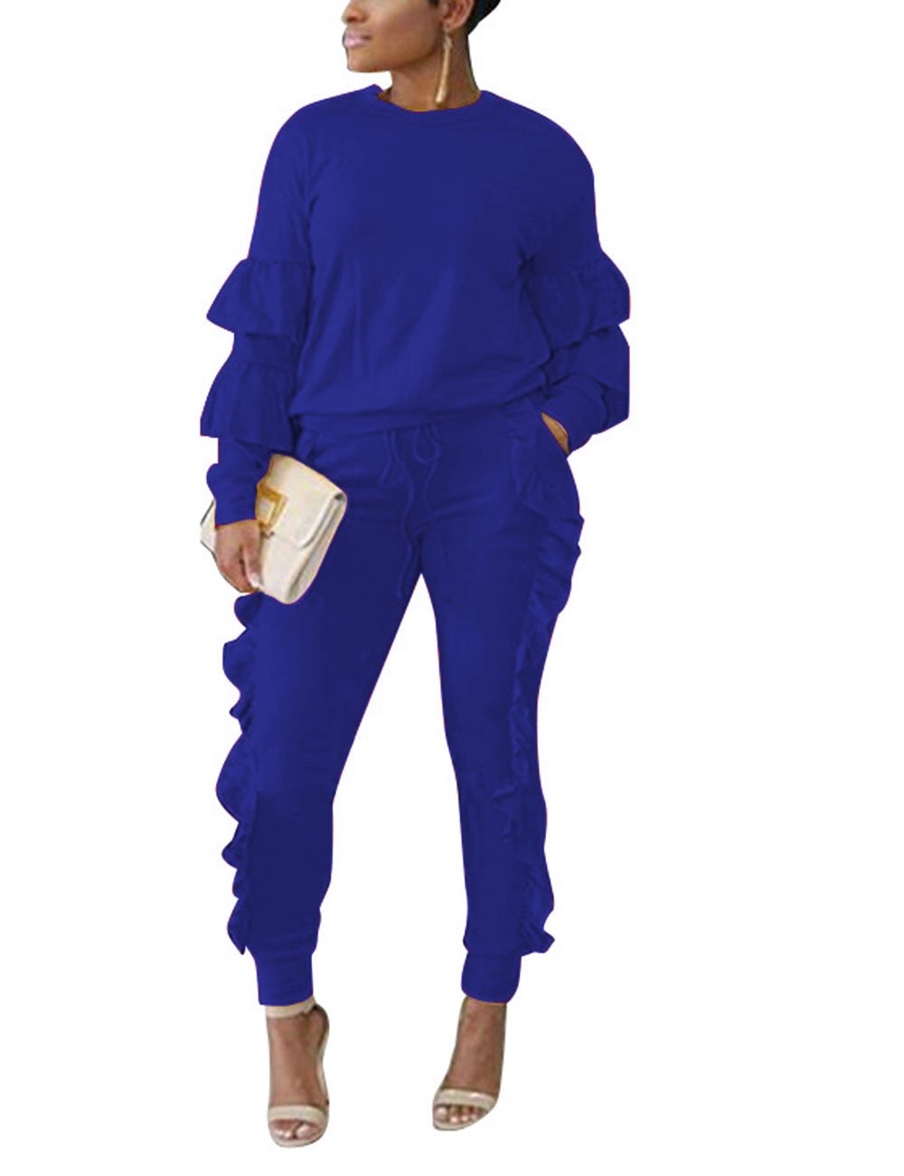 AKMIPOEM Women's 2-Piece Outfits - Ruffled Sleeve Sweatshirt & Long Pants Tracksuit Set | Casual Loungewear, Workout Clothes & Streetwear Fashion