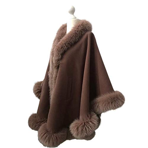 Luxury Brown Women's Winter Coat with Fox Fur Cape Trim - Camel Warm Poncho Jacket with Lining - Tan Heavy Winter Coat for Women | Perfect for Cold Weather, Holiday Outfits & Fashionable Outerwear