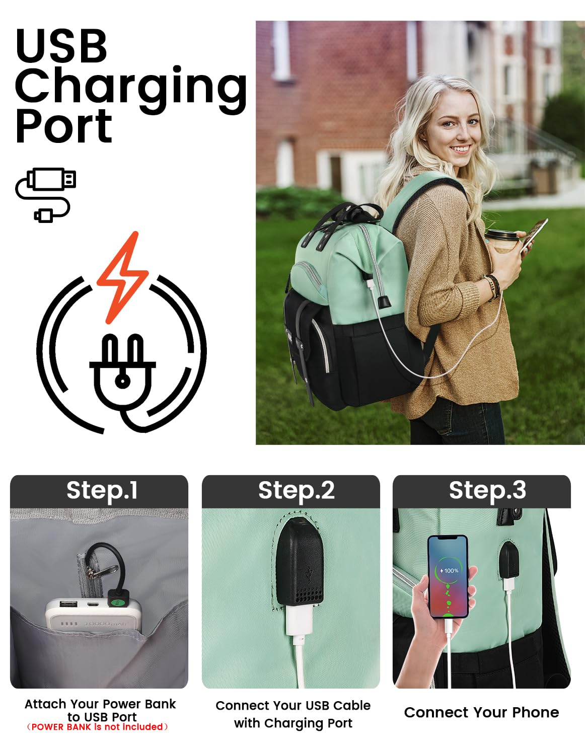 Stylish Women's Laptop Backpack with USB Charging Port - 15.6 Inch Anti-Theft College Backpack for Work & Travel - RFID Protection Shoulder Bag in Green & Black | Perfect for Students, Teachers & Business Professionals | Ideal for Commuting, Campus Use & Business Trips