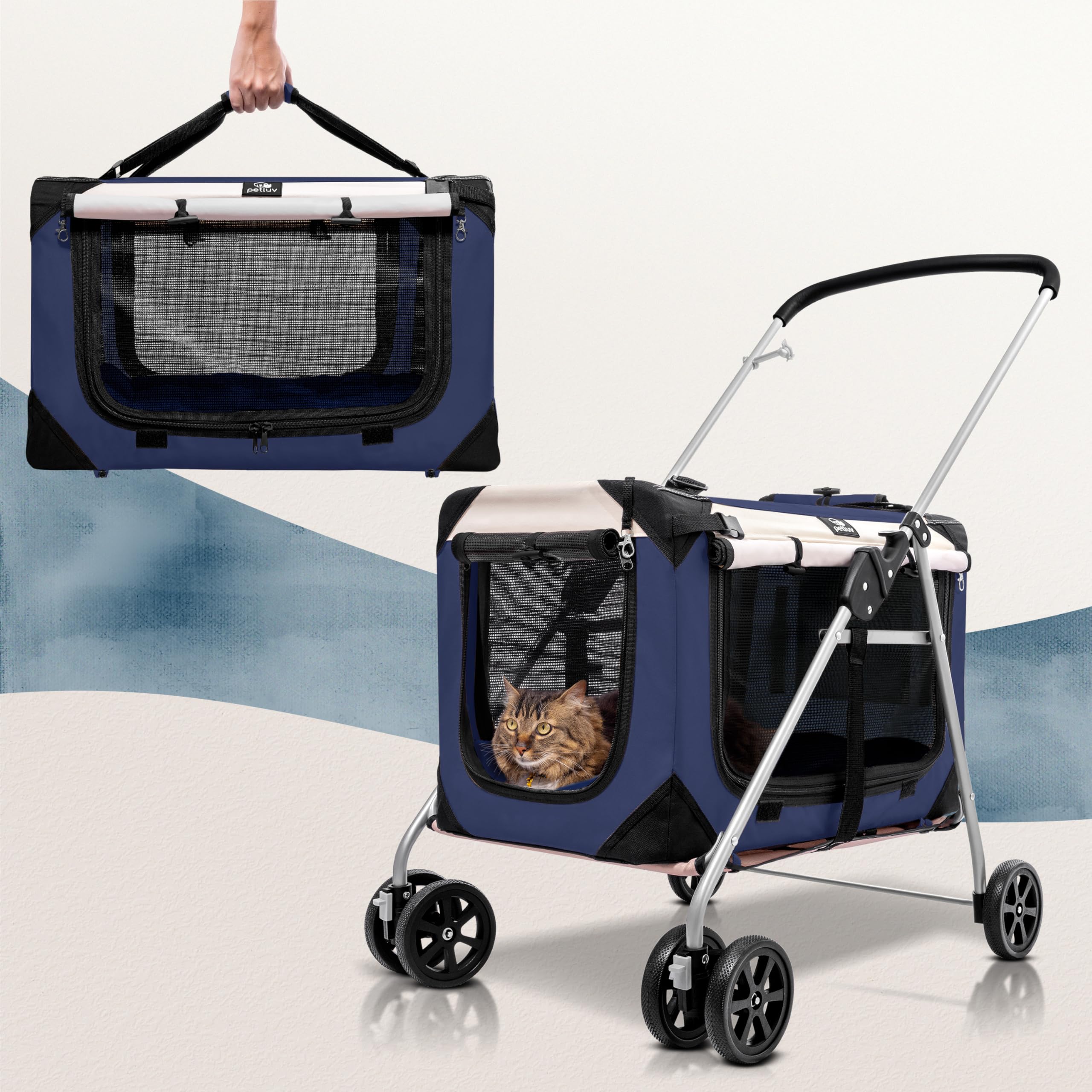 Premium Pet Stroller for 2 Cats or Small to Medium Dogs (10-45 lbs) - Lightweight, Foldable & Breathable Navy Blue Design - Perfect for Park Walks, Vet Visits & Shopping Trips