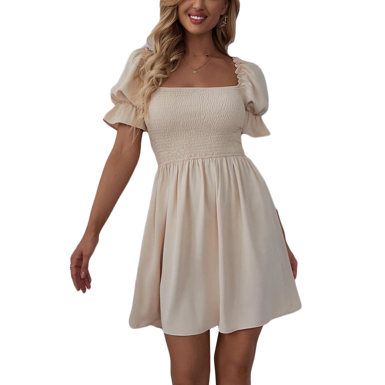 Viatabuna Women's Square Neck Puff Short Sleeve Smock Dress - High Waist Ruffle A-Line Mini Dress for Summer, Beach, Party & Casual Wear