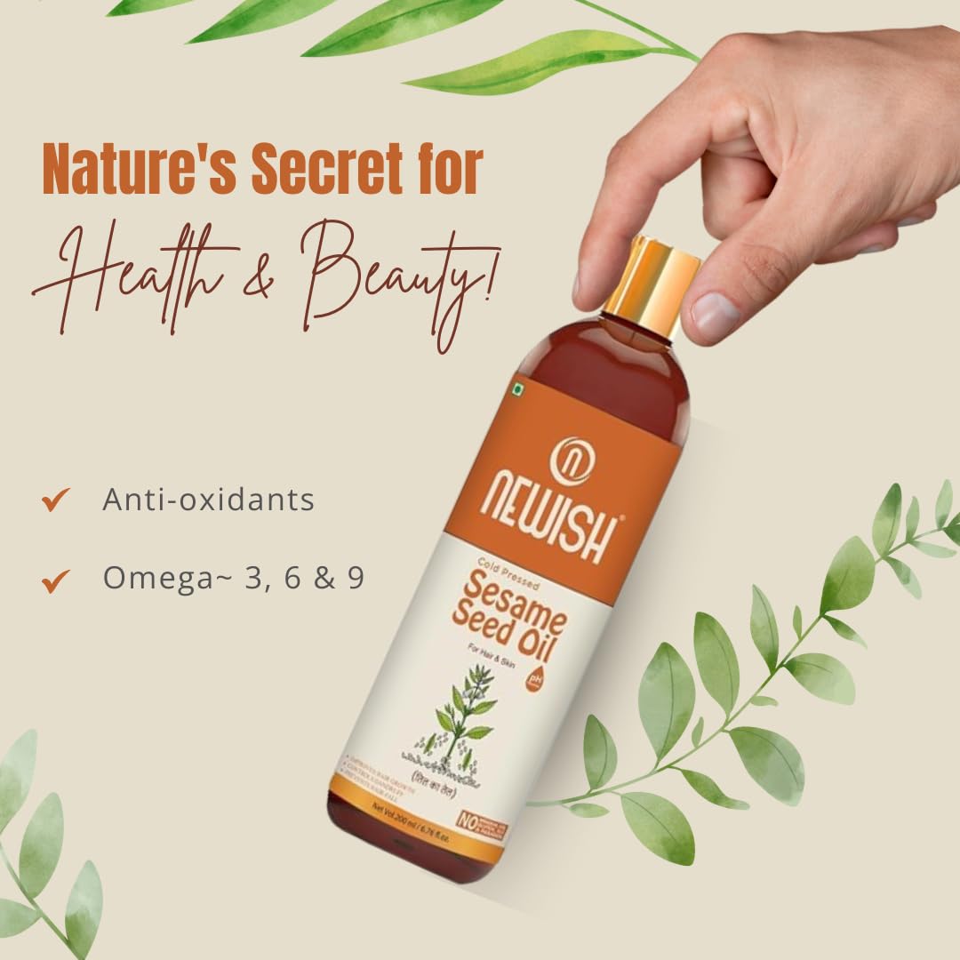 100% Pure & Natural Cold Pressed Sesame Oil for Hair, Skin & Massage (Til Ka Tel/Til Oil, Gingelly Oil) - 200ml - Promotes Hair Growth, Skin Hydration & Relaxing Massage Therapy