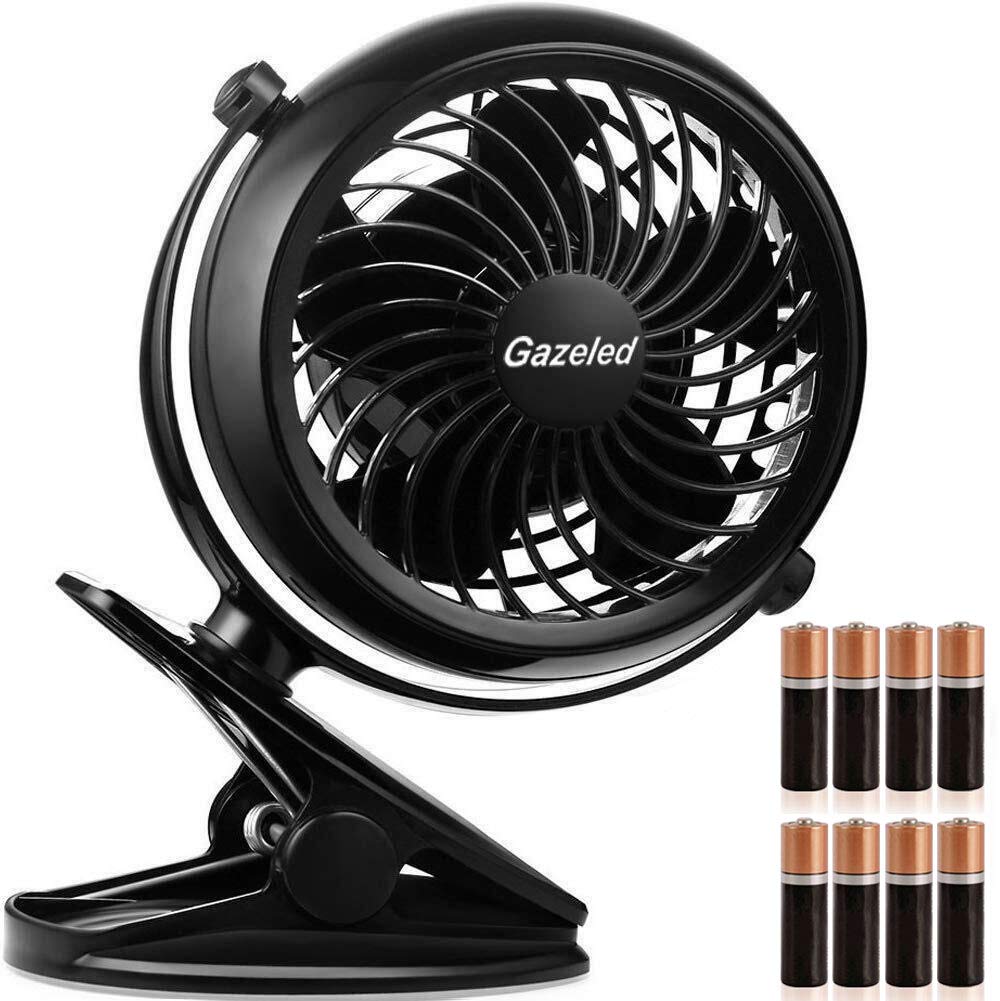 Gazeled 5-Inch Battery Operated Clip Fan - Portable Cordless Stroller Fan with 8 Free AA Batteries - Quiet Personal Mini Fan for Camping, Bedroom, Car & Office Use
