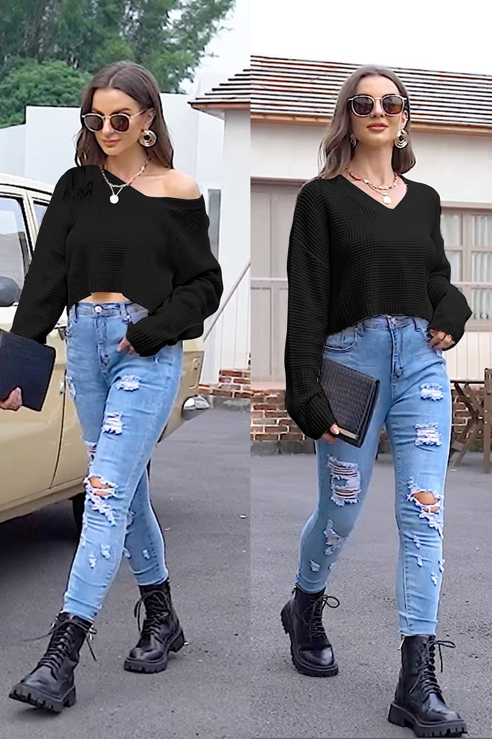 Jumppmile Women's V-Neck Waffle Knit Cropped Top Long Sleeve Pullover Sweater | Casual Fall Winter Fashion Crop Top for Layering, Date Night & Office Wear