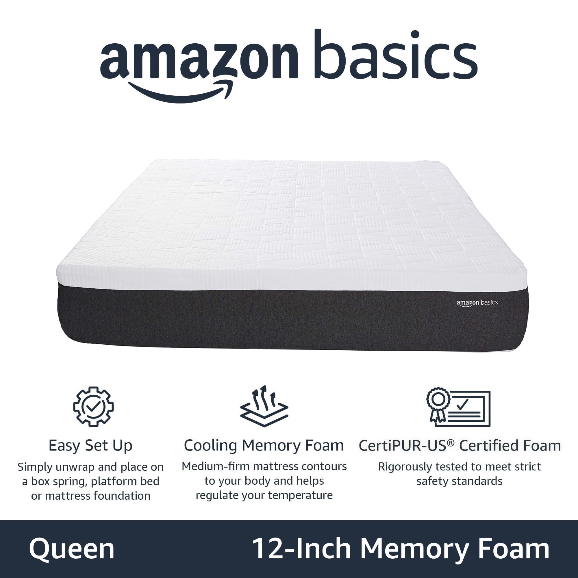 Amazon Basics Cooling Gel Memory Foam Mattress - Firm Queen Size (80x60x12 Inches), CertiPUR-US Certified, White/Dark Gray - Perfect for Hot Sleepers & Pressure Relief in Bedrooms, Guest Rooms & Dorms