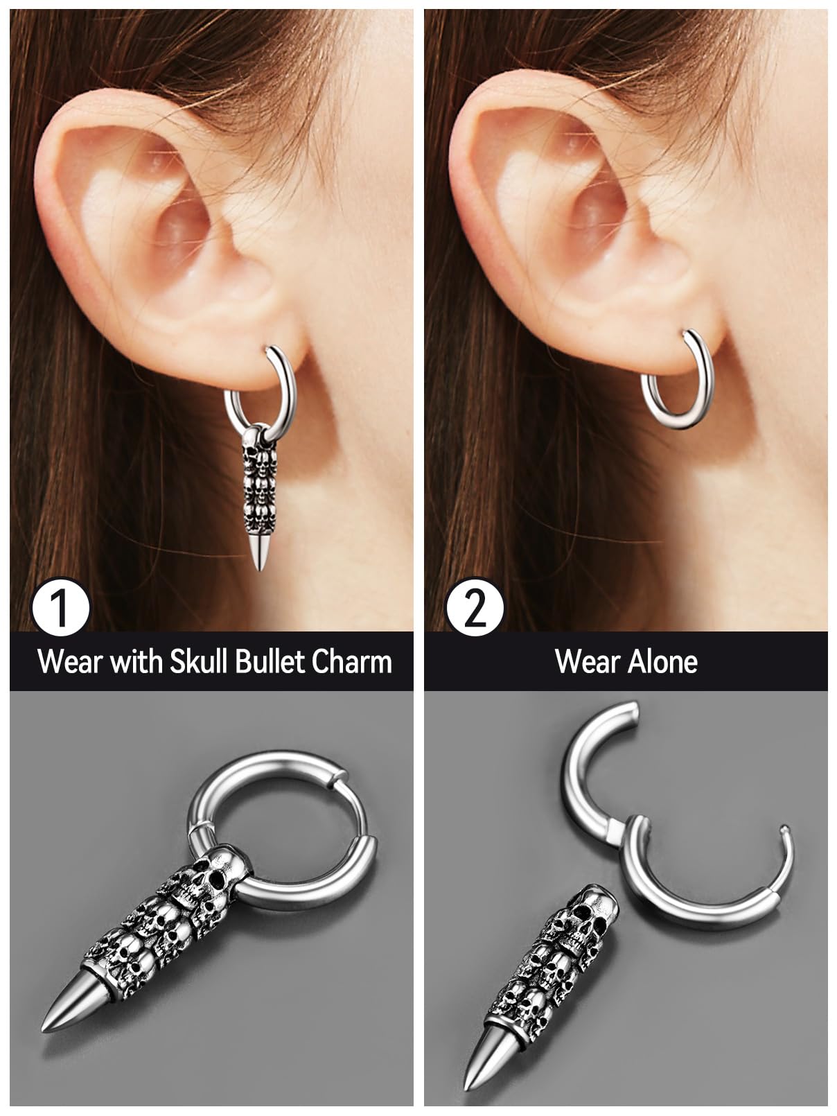 Gothic Skull Earrings for Men - Punk Skull Stud & Hoop Earrings in Stainless Steel & Black - Cool Halloween Jewelry with Gift Box - Perfect for Punk Fashion, Gothic Style & Halloween Costumes