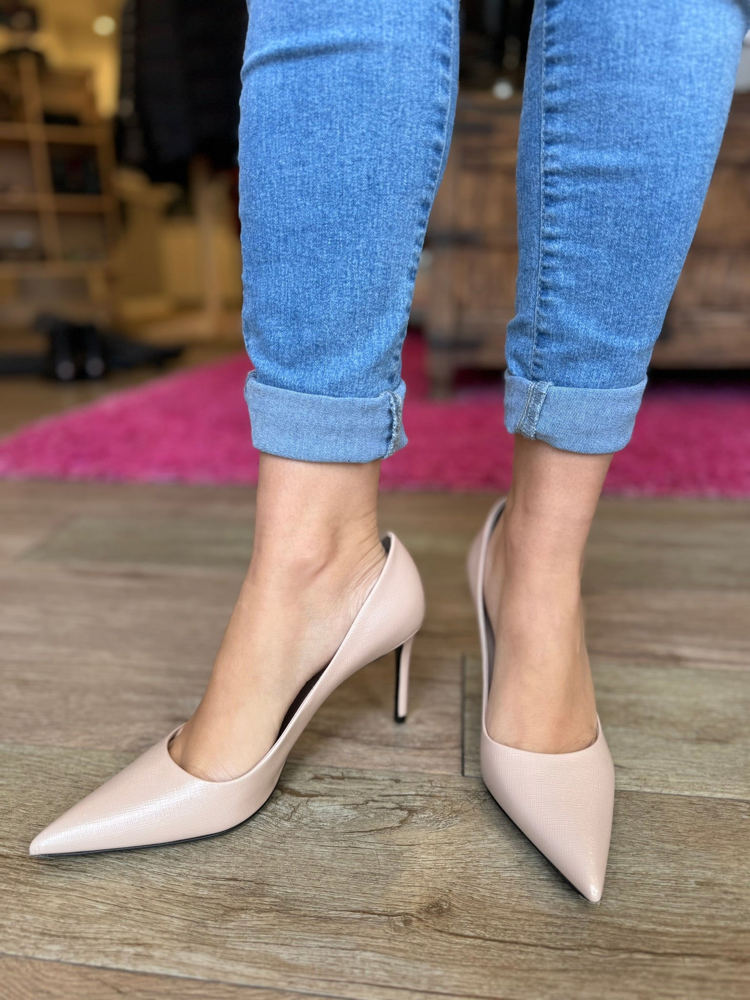 PRADA Saffiano Leather Pointed Toe Pumps Women's Size 7.5 - Luxury High Heels for Office, Party & Formal Events