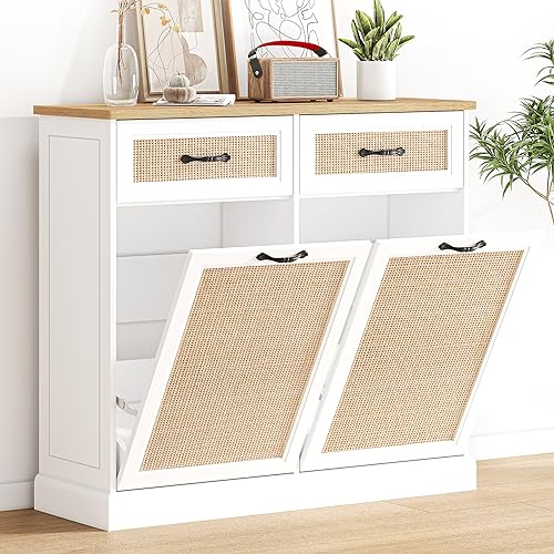 Double Tilt Out Trash Cabinet with Natural Rattan - 10 Gallon Hidden Trash Can Holder | Pet-Proof Free Standing Garbage Storage for Kitchen, Dining & Living Room | Perfect for Small Spaces & Home Organization