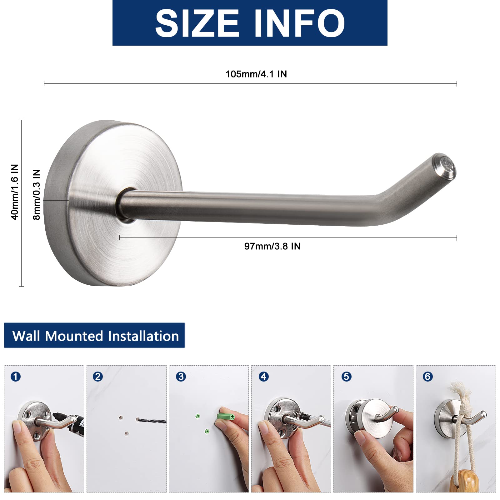 NearMoon 6-Pack Brushed Nickel Wall Hooks - 4 Inch Heavy Duty 304 Stainless Steel Coat Hangers for Hats, Robes & Towels - Bathroom, Living Room, Hotel, Kitchen & Garage Organization Solution