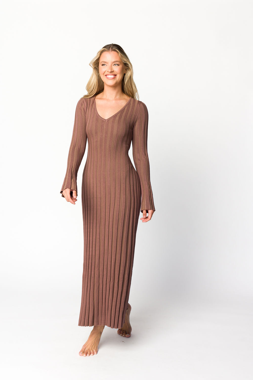 Hadley Long Sleeve V Neck Knit Maxi Dress in Cocoa - Women's Elegant Casual Maxi Dress for Fall & Winter | Perfect for Office, Date Night & Holiday Parties
