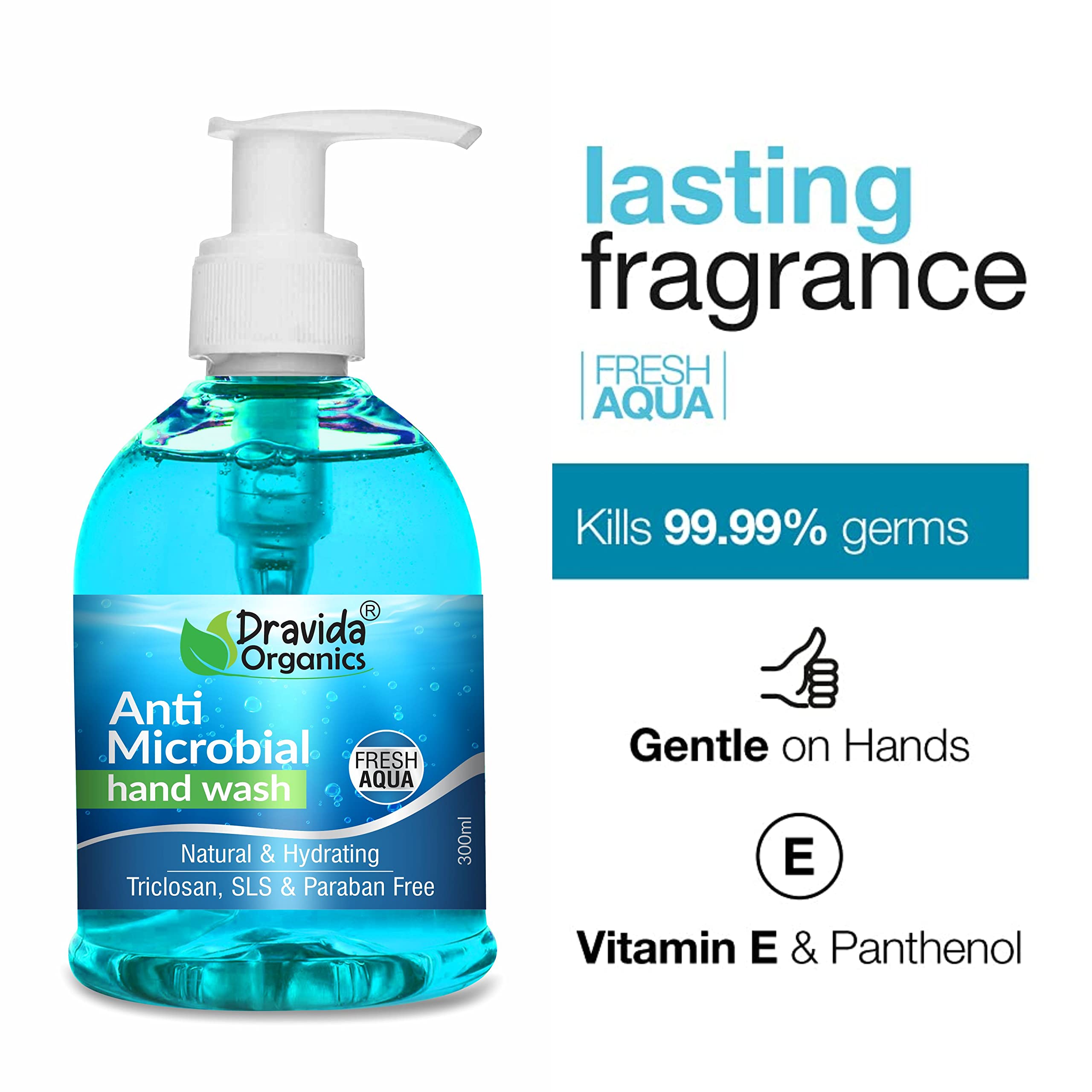 Dravida Organics Antibacterial Hand Wash - Moisturizing & Cleansing Hand Soap with Pump Dispenser (300ml) | Best Protection for Daily Use at Home, Office & Travel