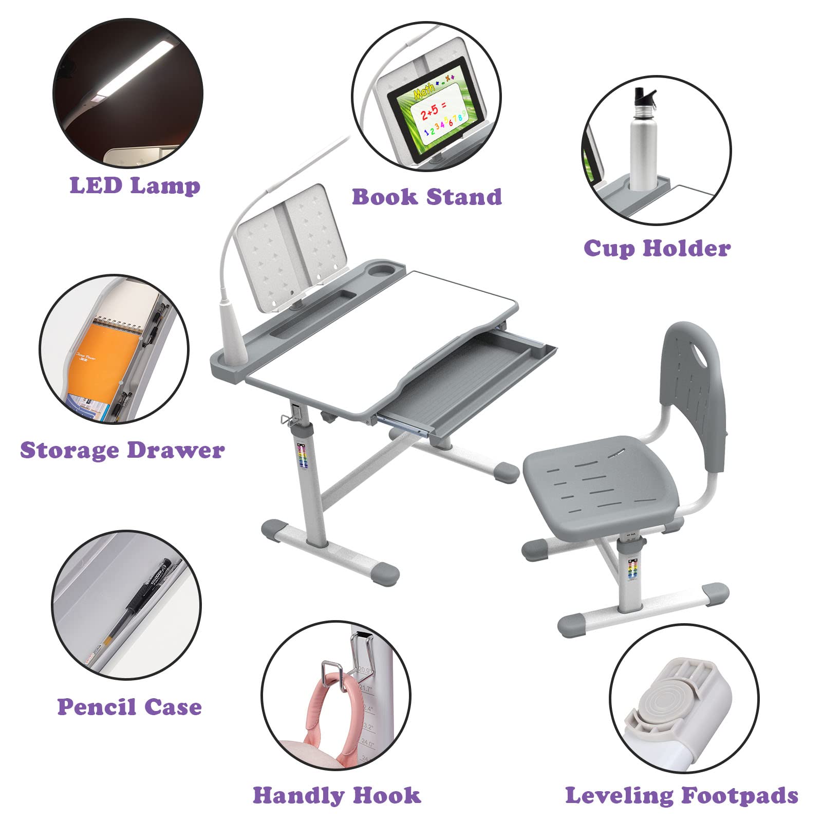 BELANITAS Adjustable Kids Desk and Chair Set with 40° Tiltable Tabletop & LED Light - Ergonomic Study Desk for Children Ages 3-12 - Perfect for Homework, Drawing & Online Learning (Grey)