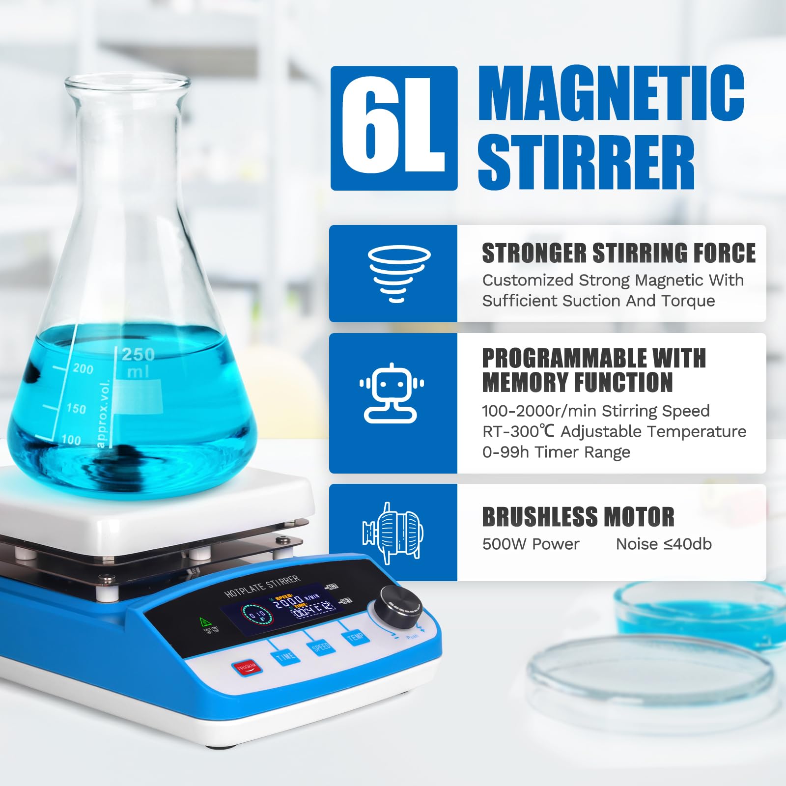6L Magnetic Stirrer Hot Plate with Digital Display - 520℉/300℃ Max Temperature, 100-2000 RPM, Includes Temp Probe & Stir Bars - Perfect for Chemistry Labs, Scientific Research & Industrial Mixing