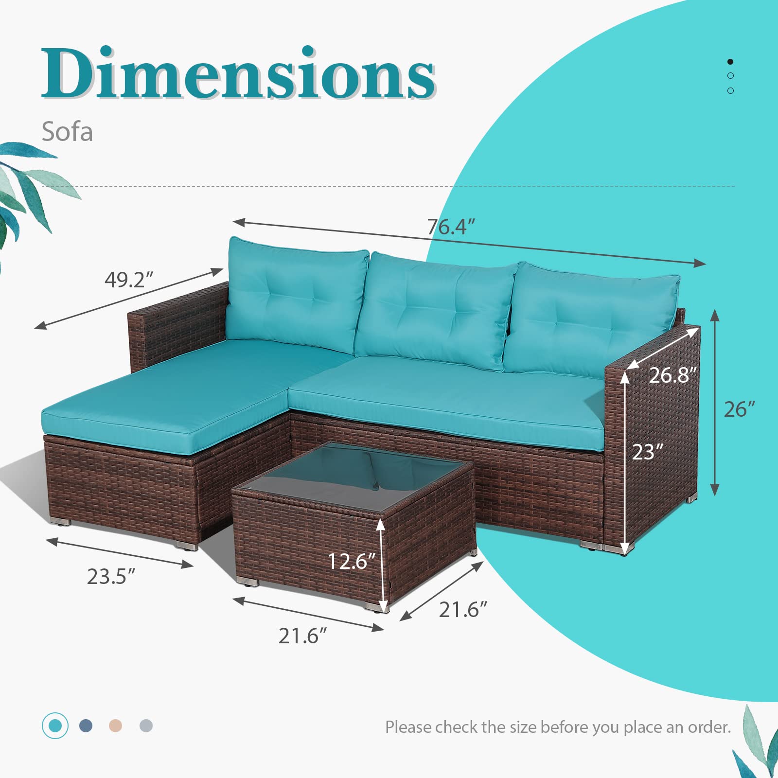 OC Orange-Casual 3-Piece All-Weather Patio Furniture Set - Outdoor Wicker Sectional Sofa with Glass Coffee Table & Turquoise Cushions - Brown Rattan Loveseat for Deck, Balcony, Porch, Garden & Backyard Relaxation