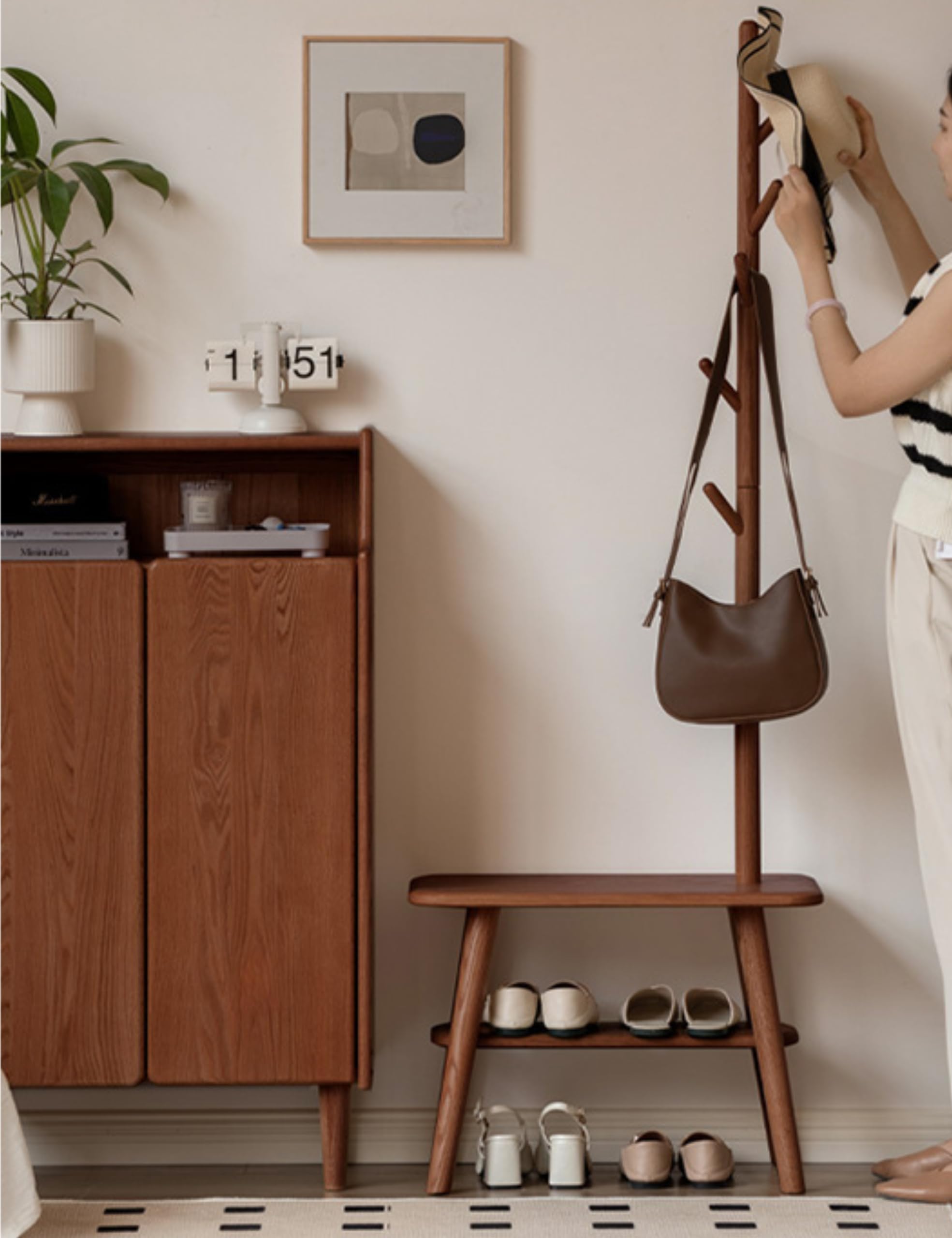 Solid Oak Coat Rack Shoe Bench with Storage - 31.5