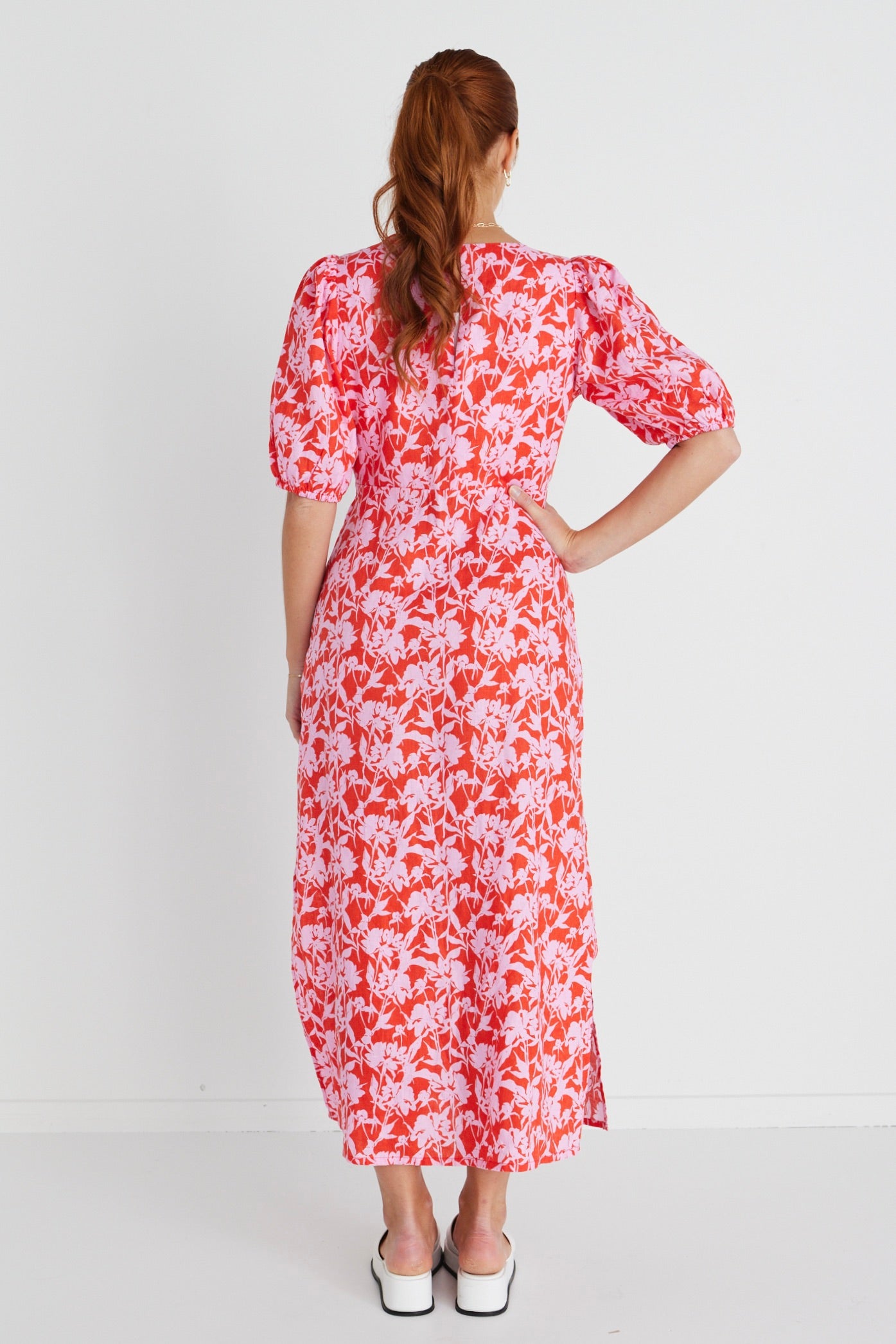 Amora Pink Floral Print Summer Sleeveless Bias Cut Midi Dress - Perfect for Beach Vacations, Garden Parties & Date Nights