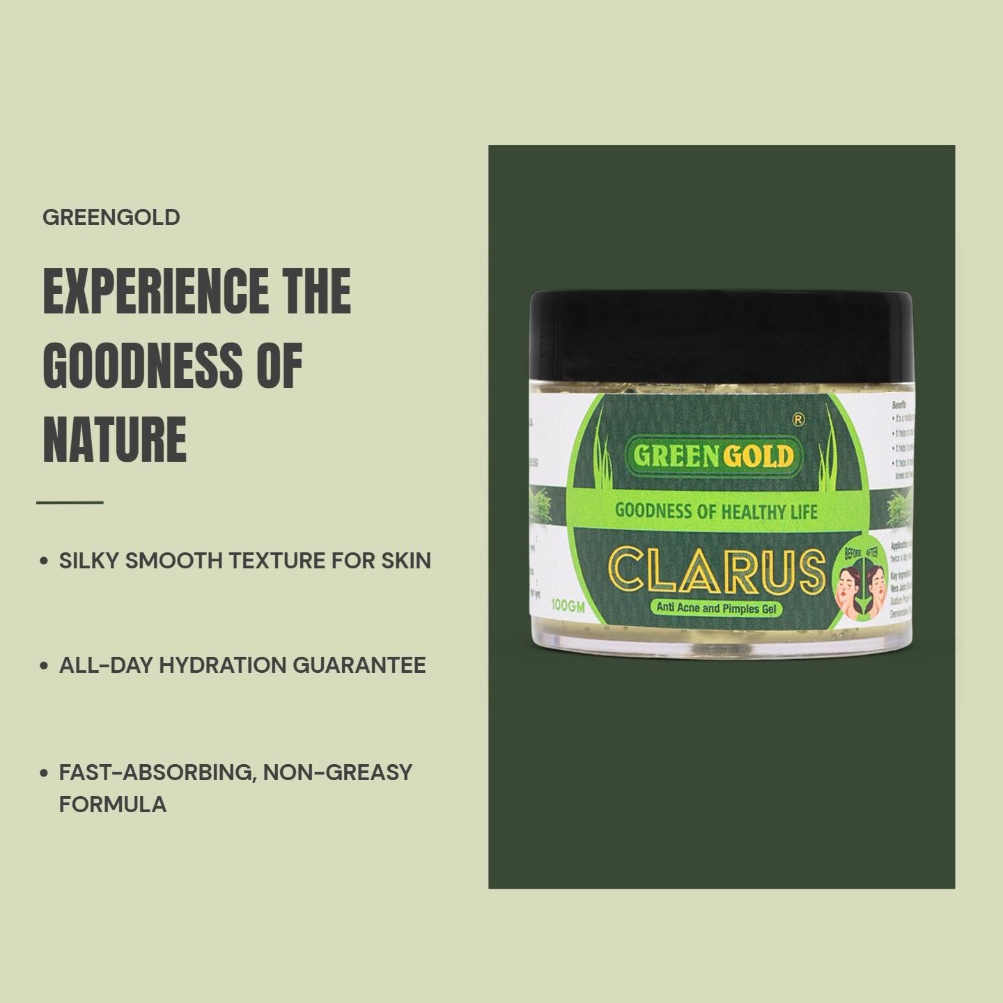 GreenGold Clarus Gel - Acne & Scar Treatment for Clear Skin | Hydrating Anti-Aging Face Gel with Glowing Formula | 100g | Perfect for Daily Skincare Routine & Post-Acne Care