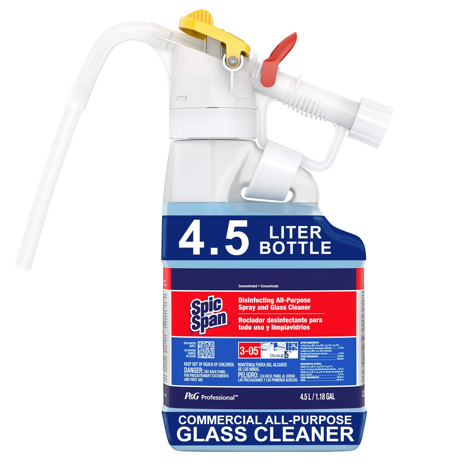 Spic and Span P&G Professional All Purpose & Glass Cleaner Concentrate - 4.5 Liter Bottle (Dilute2Go System) - Multi-Surface Cleaner for Windows, Mirrors, Countertops & More - Ideal for Home, Office & Commercial Use