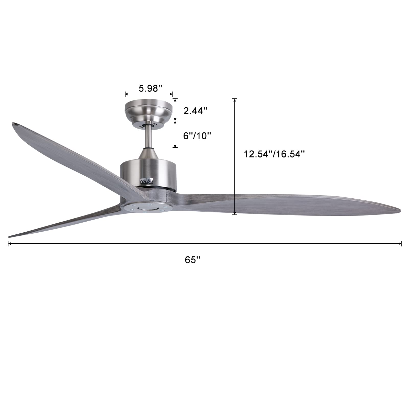 Reiga 65 Inch Wood Blade Ceiling Fan with Remote Control - Quiet DC Motor, No Light - Perfect for Living Room, Bedroom, and Outdoor Patio
