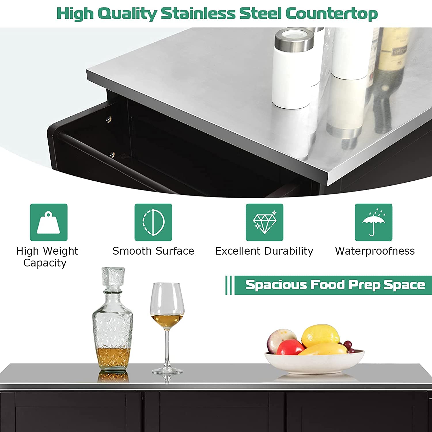 Premium Kitchen Cart with Stainless Steel Top & Storage - Mobile Kitchen Island on Wheels with Adjustable Shelf, 3 Drawers & Spice Rack - Perfect for Small Kitchens, Dining Rooms & Living Rooms - Ideal for Meal Prep, Extra Counter Space & Home Organization