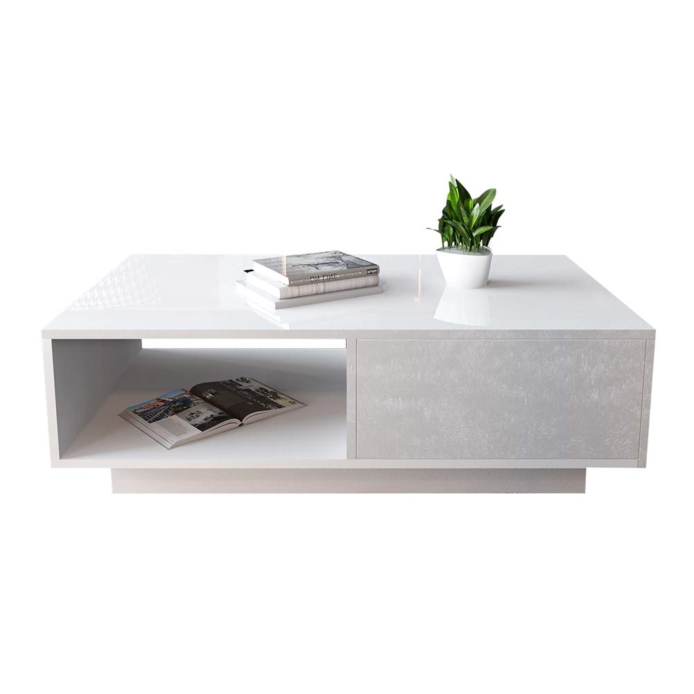 Modern High Gloss Rectangular Coffee Table with Storage Drawer - 13.7 x 21.7 x 12.2 Inches Living Room Furniture for Small Spaces, Home Decor, and Entertaining Guests