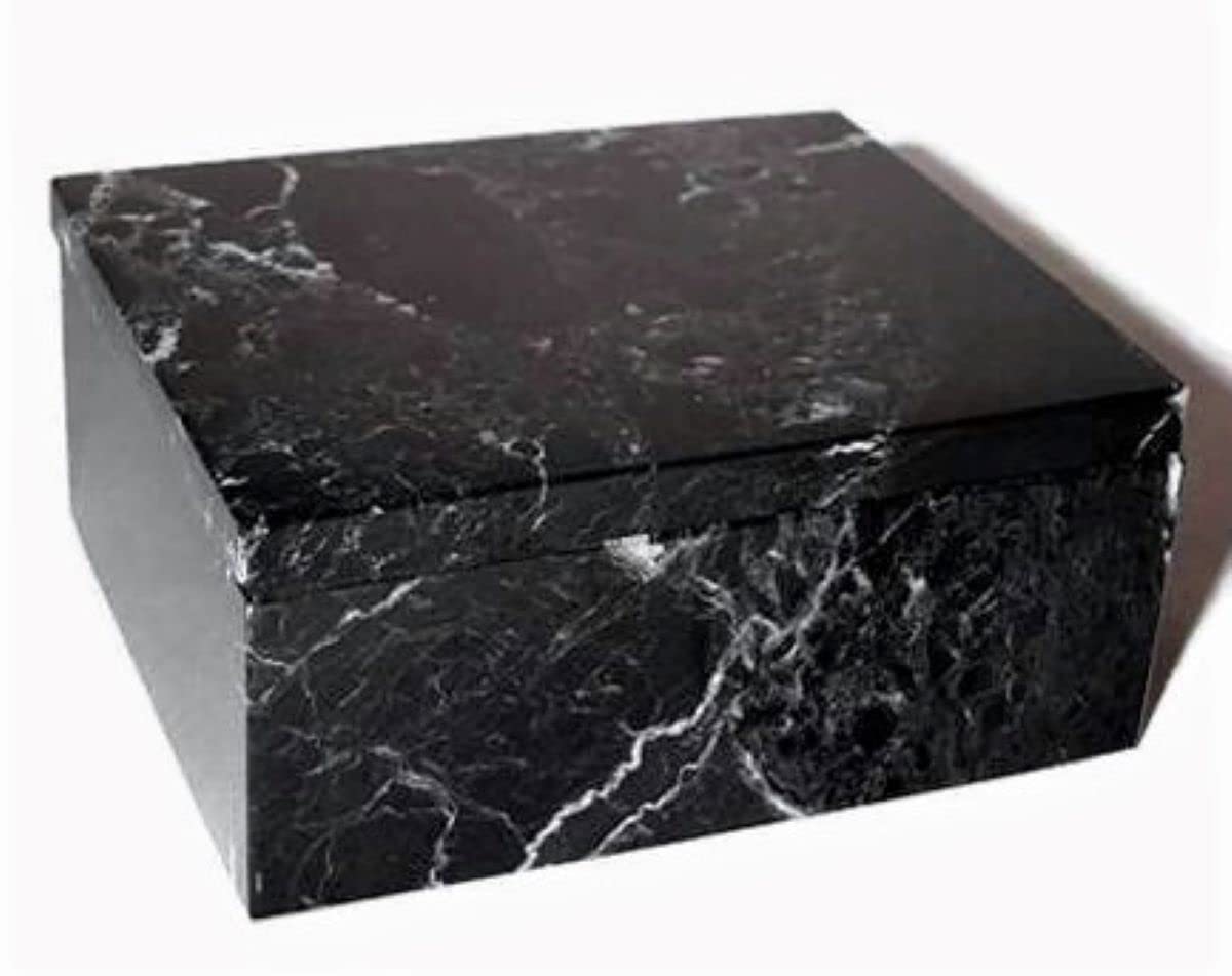 KhanImports Decorative Black Marble Jewelry Box with Lid - 5 Inch Rectangular Stone Gift Box for Home Decor, Ring Storage & Wedding Present
