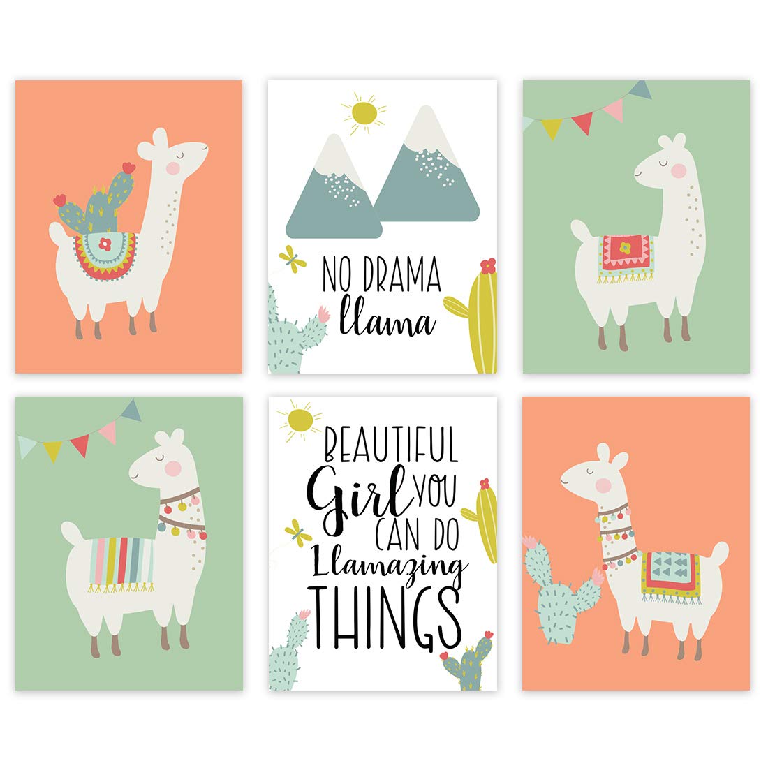 Andaz Press Llama Theme Nursery Wall Art - 6-Pack Unframed 8.5x11 Inch Posters for Kids Room Decor in Coral & Mint Green - 'Beautiful Girl You Can Do Llamazing Things' Motivational Alpaca Prints - Perfect for Baby Showers, Toddler Bedrooms & Playroom Decorations