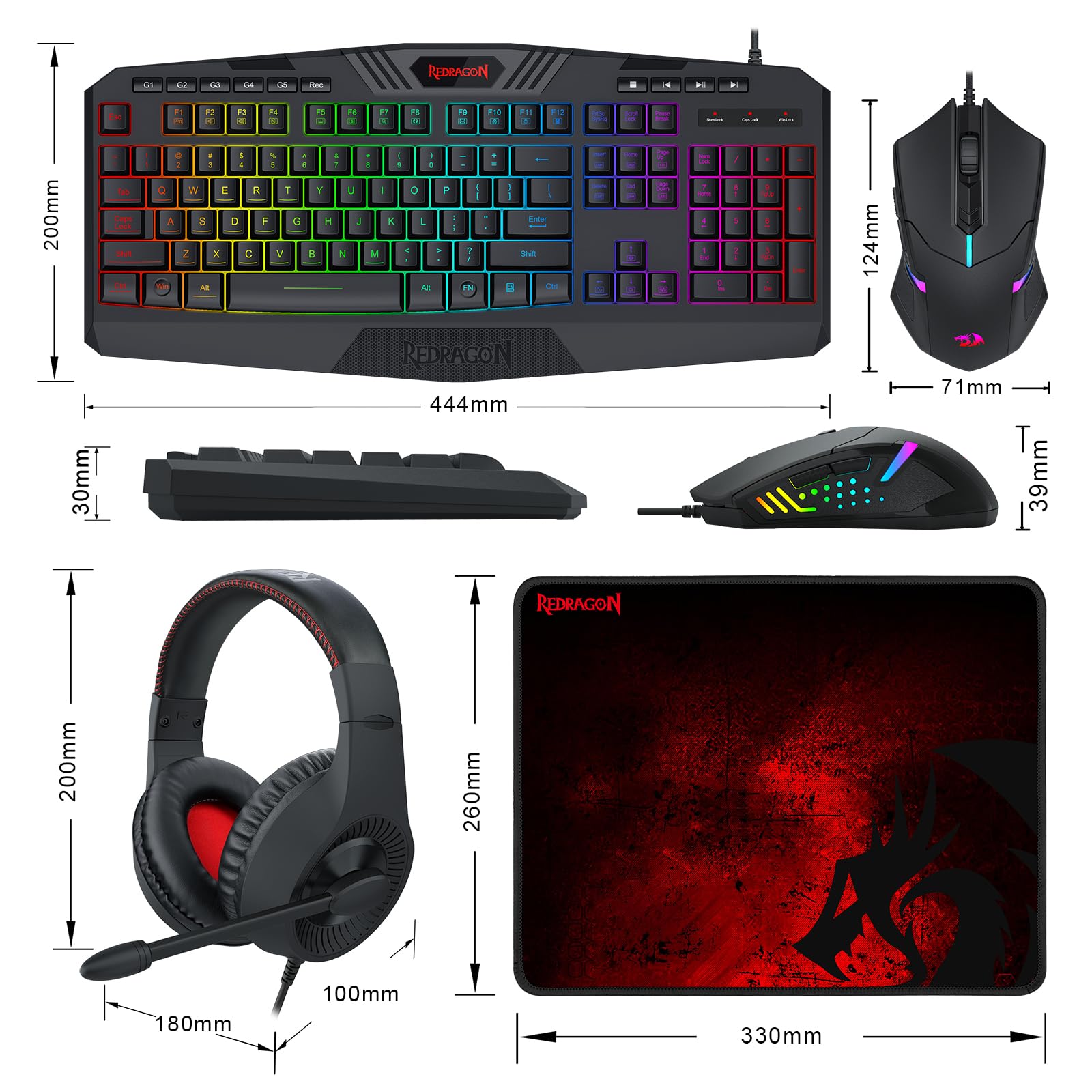 Redragon S101-3 RGB Backlit Wired Gaming Keyboard and Mouse Combo with Programmable Keys (800-7200DPI) - Complete PC Gaming Bundle Includes Headset & Mouse Pad for Windows - Perfect for Esports, Streaming & Competitive Gaming (Black)