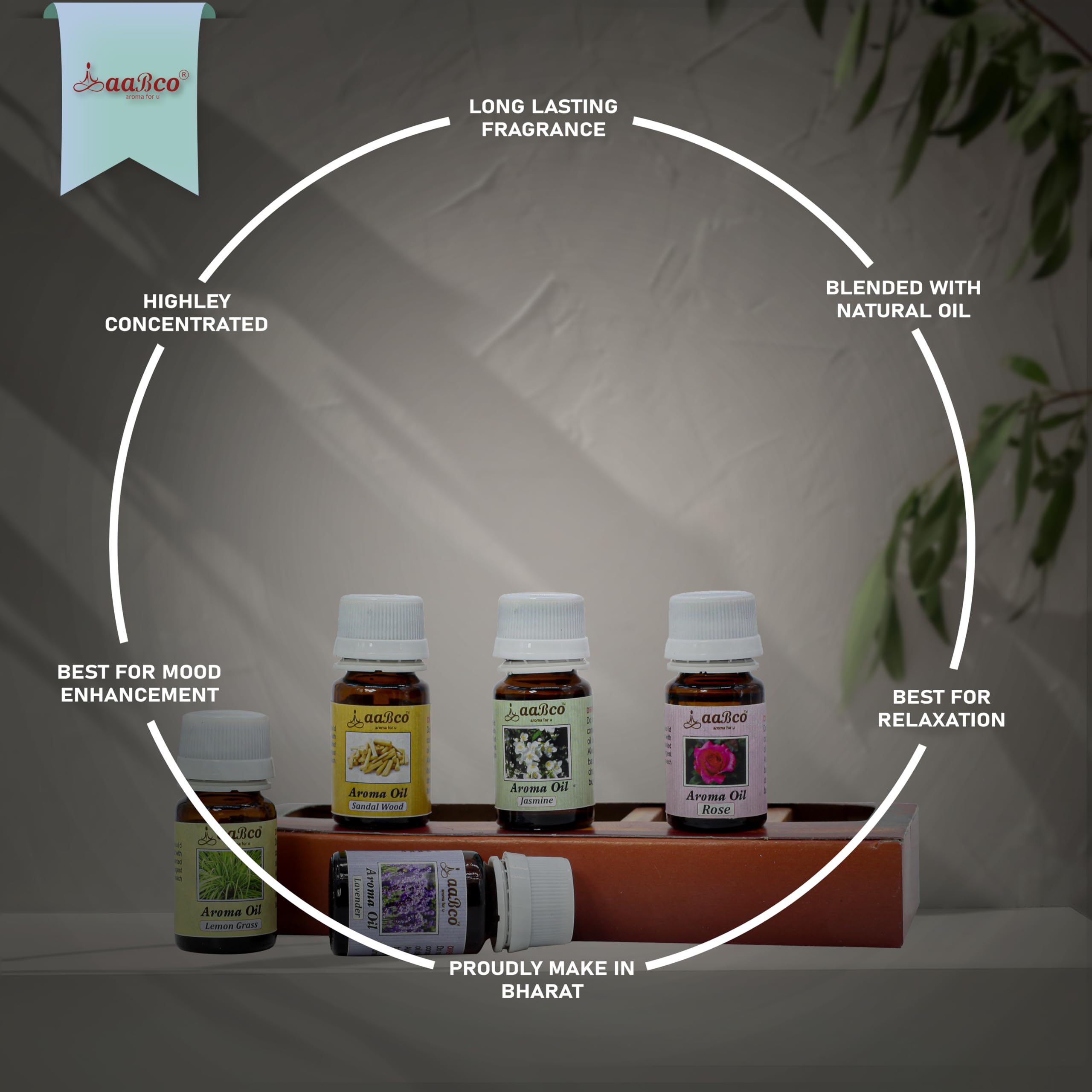 **AABCO Essential Oil Diffuser Set - 5 Pack (10ml Each) Lavender, Lemongrass, Jasmine, Rose & Sandalwood - Aromatherapy for Home, Office, Yoga & Spa - Relaxing & Calming Scented Oils**