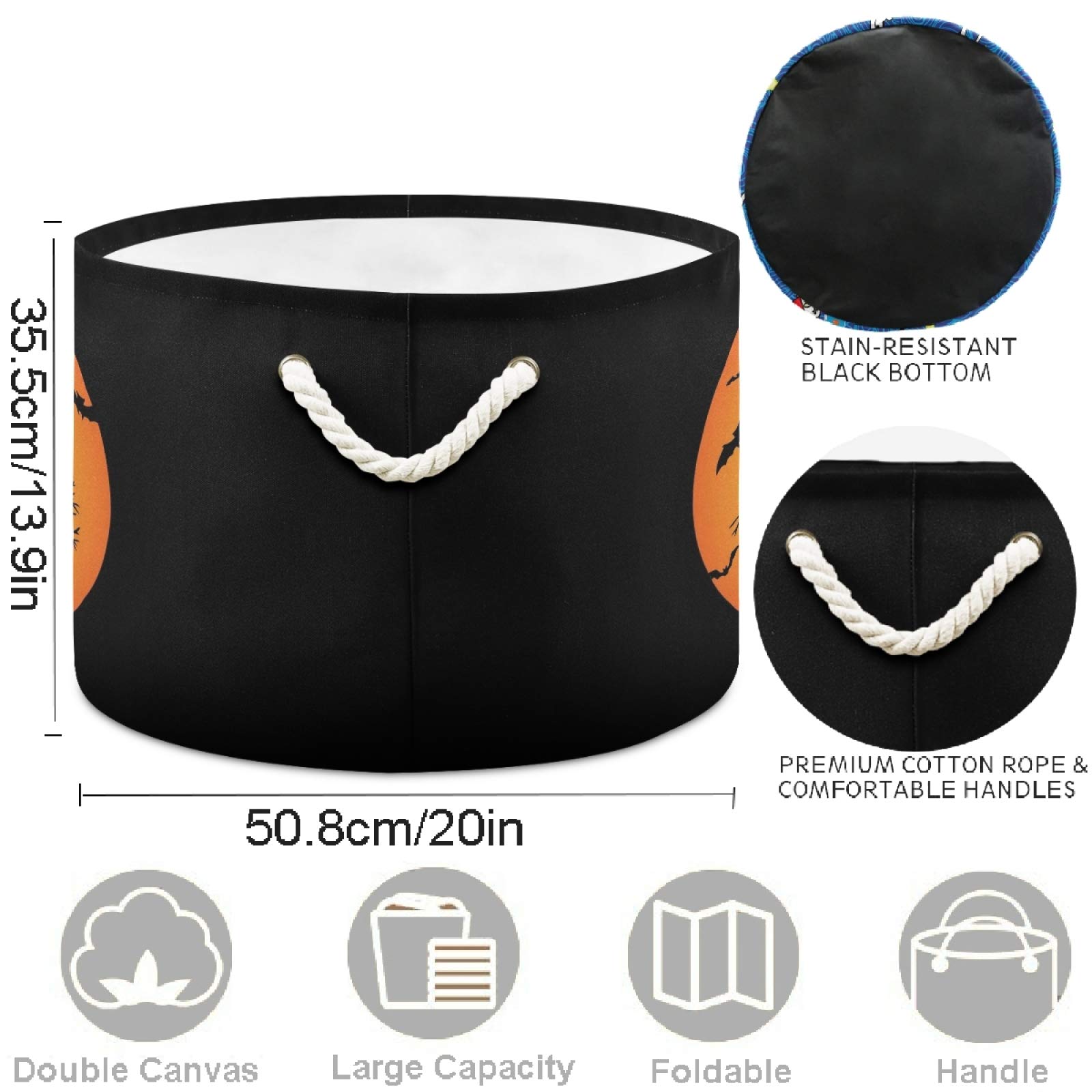 Visesunny Halloween Witch Black Bat & Full Moon Canvas Storage Basket - Waterproof Toy Organizer Bin, Nursery Hamper, Laundry Basket for Kids Room, Playroom, Shelves | Perfect for Halloween Decor, Toy Storage & Kids' Room Organization