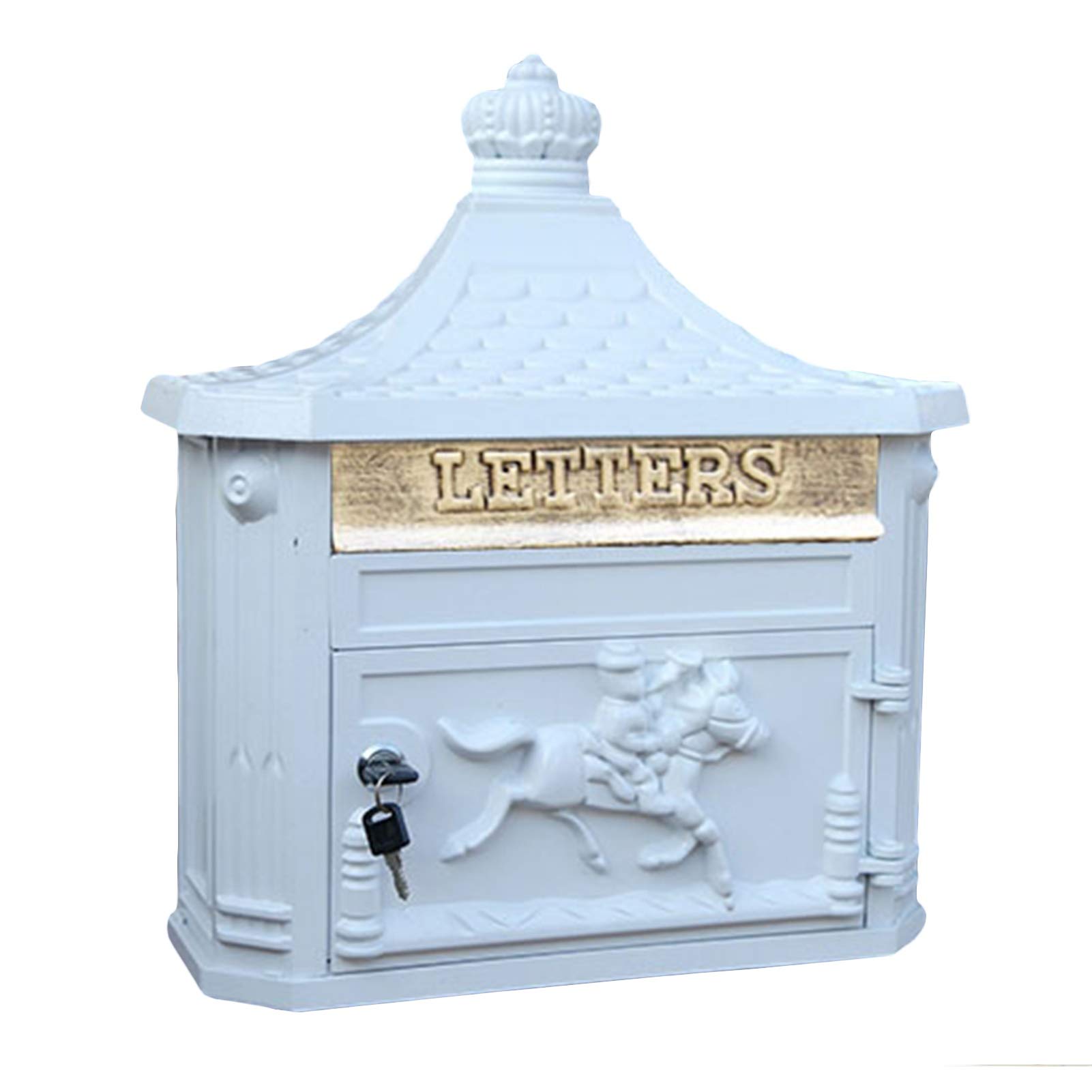 Vintage Wall Mount Outdoor Mailbox with Lock & 2 Keys - Standard Size Metal Letter Box for Home & Garden - Rustproof White Mail Organizer for House, Apartment & Office Use
