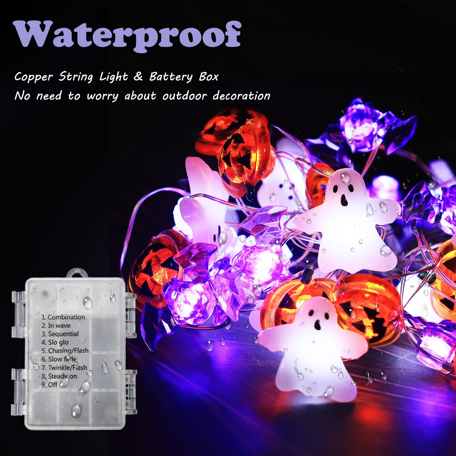 30 LED Halloween String Lights - White Ghost, Purple Bat & Orange Pumpkin Design with Remote Control | Battery Operated Fairy Lights for Cosplay Party, Gothic Halloween Decor | Perfect for Indoor/Outdoor Halloween Party, Home Decoration & Spooky Night Lighting