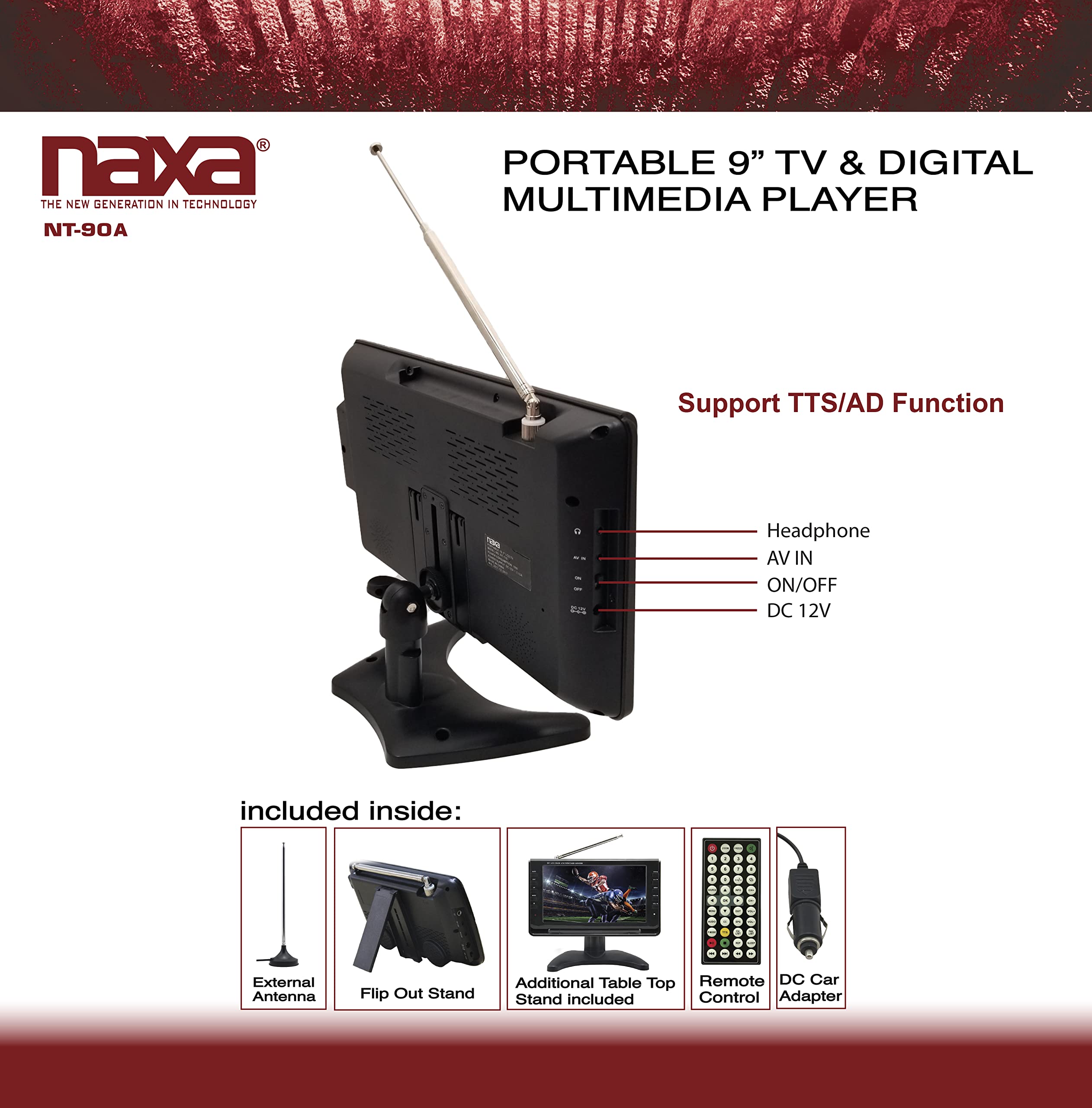 Naxa Electronics NT-90A 9-inch Portable TV with Digital Multimedia Player - Black | Compact Travel TV for Camping, Road Trips & Dorm Rooms