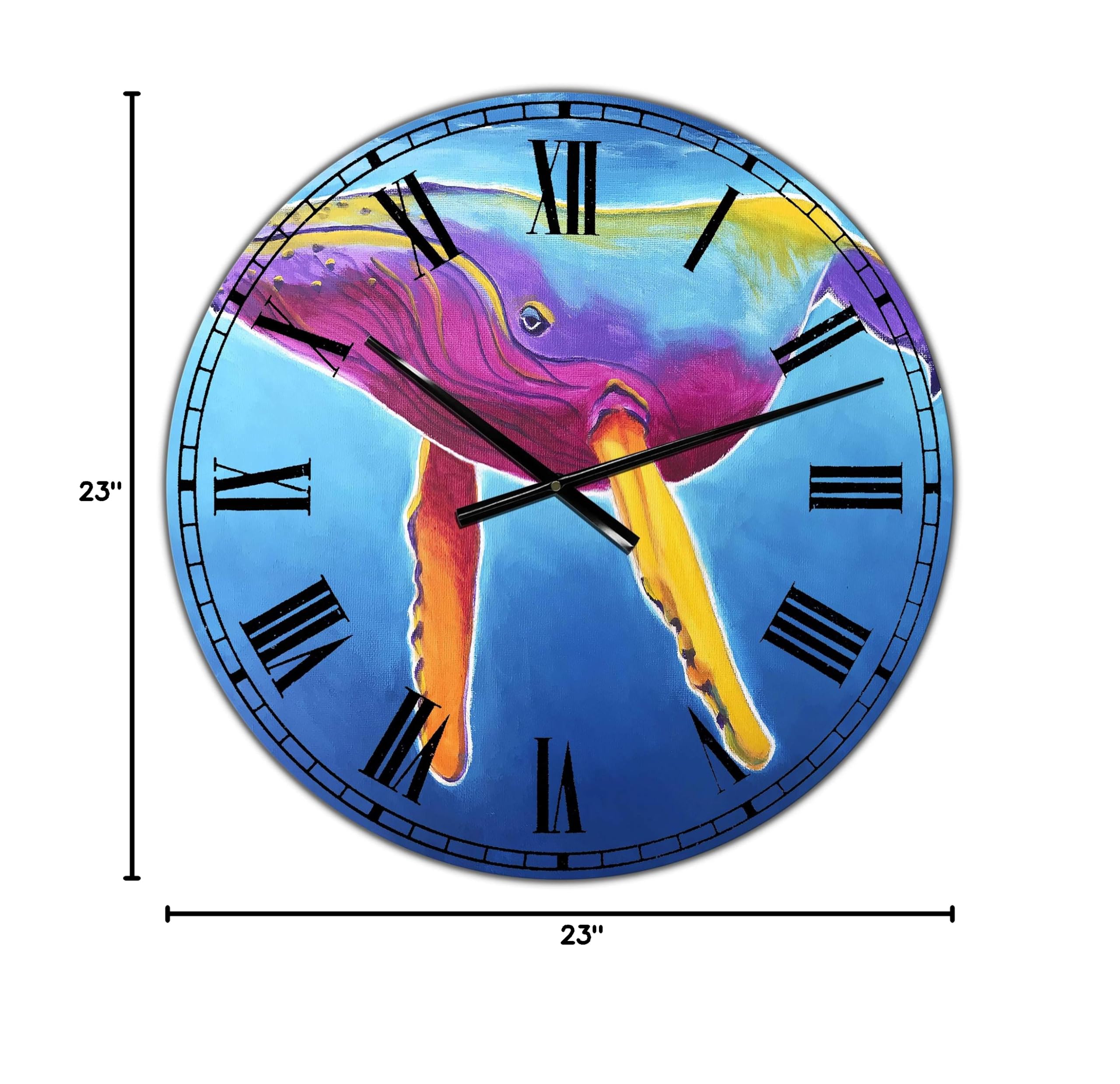 DesignQ Nautical Coastal Wall Clock - Humpback Whale Rainbow Design, Large Modern Wall Clock for Home Office Decor | Perfect for Beach House, Living Room & Coastal Themed Spaces