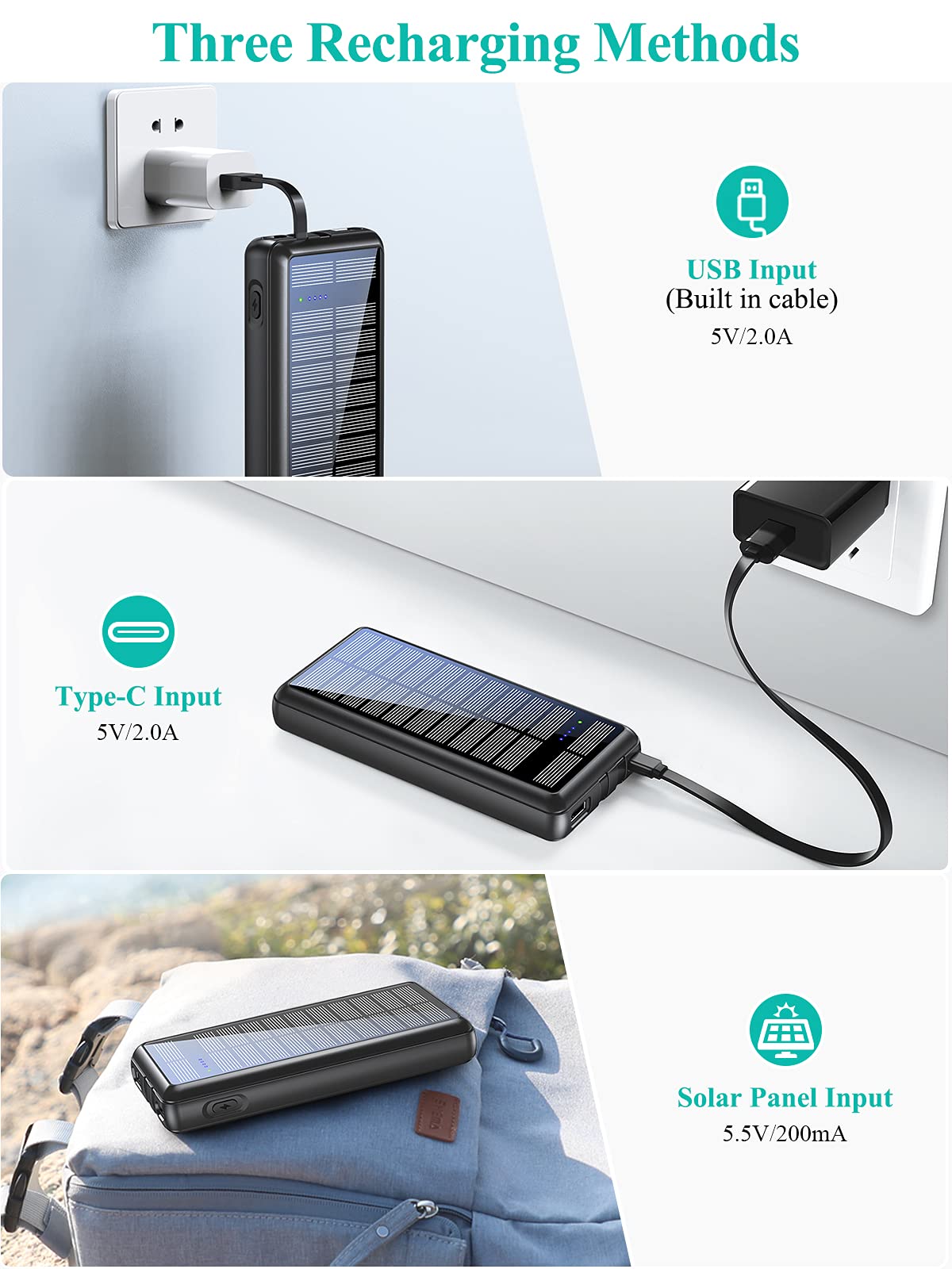 36800mAh Solar Power Bank with 2 Output Ports & Built-in Cables - Portable Charger for iPhone, Android Phones & Tablets - Perfect for Camping, Travel & Emergency Power Backup