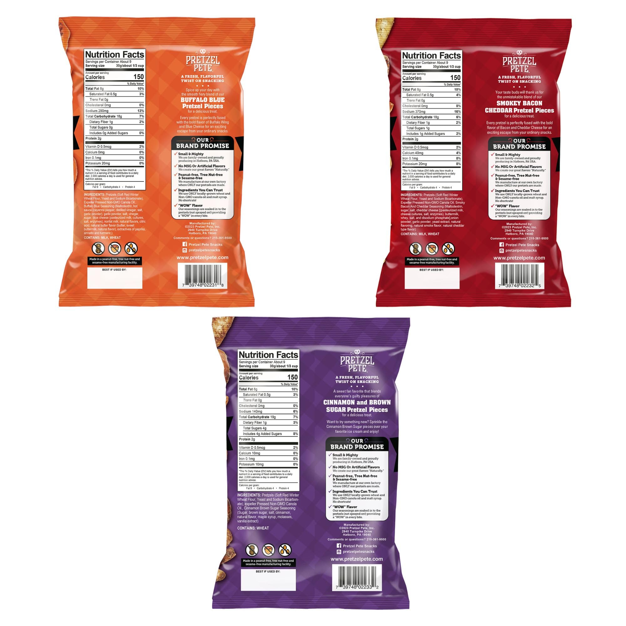 Pretzel Pete Variety Pack - Buffalo Blue Cheese, Smokey Bacon Cheddar & Cinnamon Brown Sugar Seasoned Pretzel Pieces | Non-GMO, Small Batch, Bold Flavors | 9oz (3 Pack) | Perfect for Snacking, Parties & Gifts