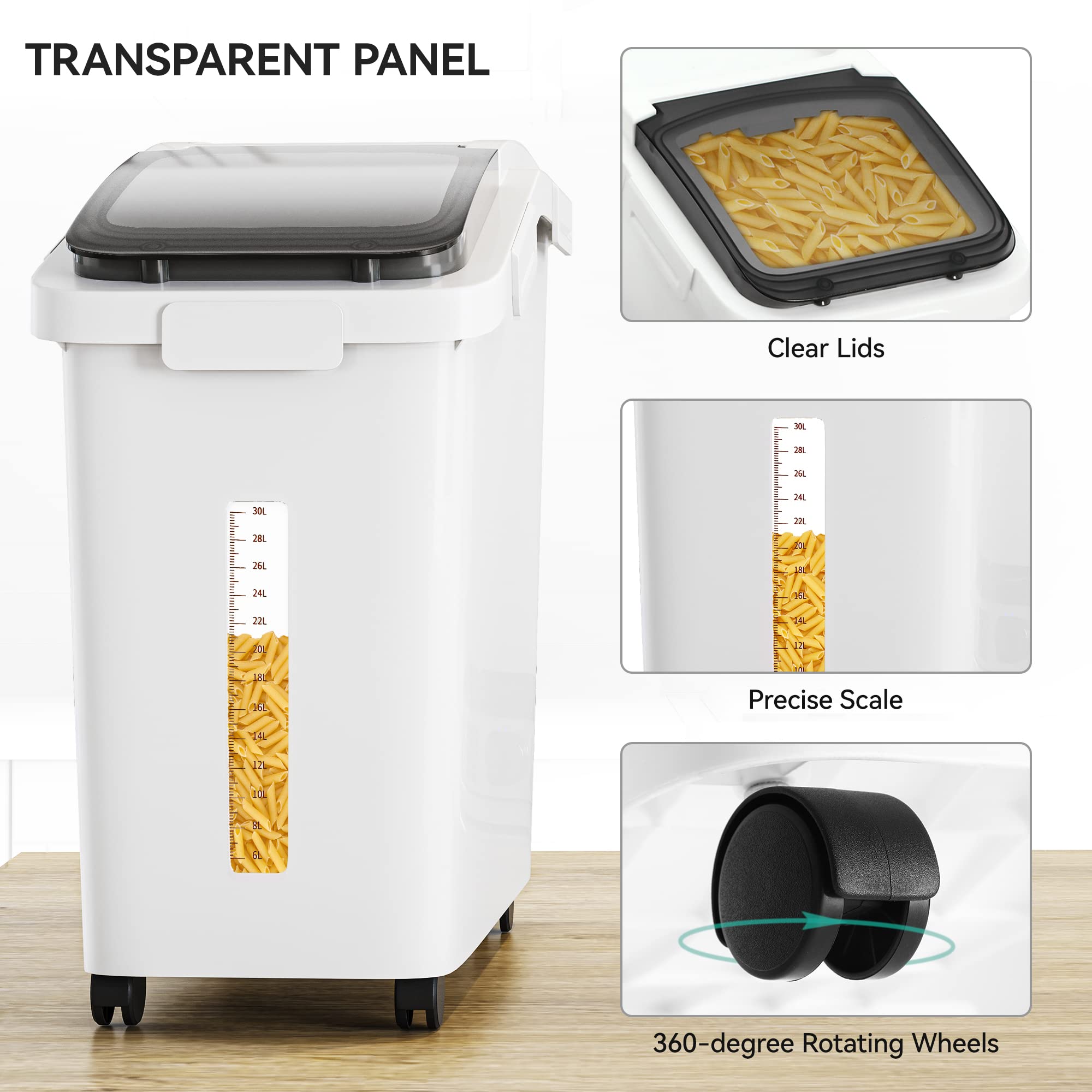 YITAHOME 90L/190lb Large Flour Storage Bins with Wheels - 3-Piece Set (20.6 Gallon Total) for Rice, Grains & Bulk Food - Includes Scoop & Airtight Lids - Perfect for Commercial Kitchens, Bakeries & Pantry Organization (White)